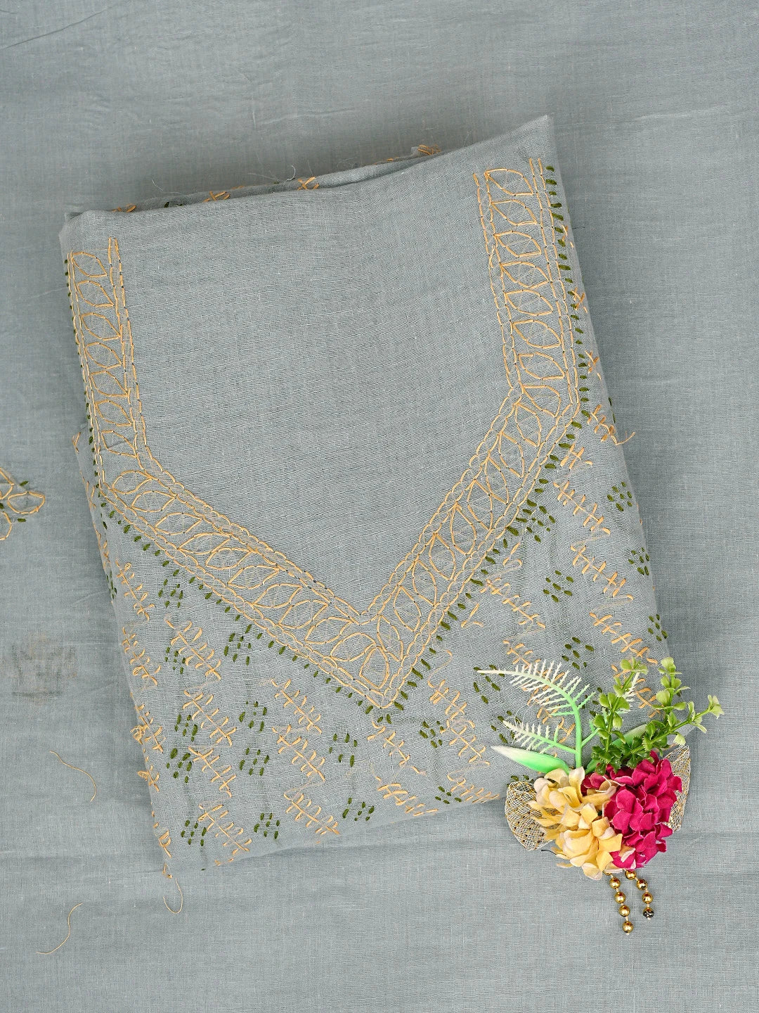 Ada Hand Embroidered Grey Cotton Lucknowi Chikankari Unstitched Suit Piece 01A893900