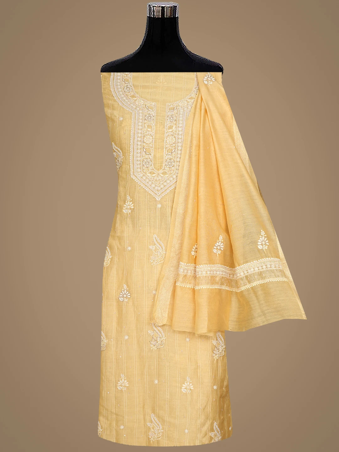 Ada Hand Embroidered Yellow Chanderi Lucknowi Chikankari Unstitched Kurta Dupatta Set with Cutdana Work 01A719159