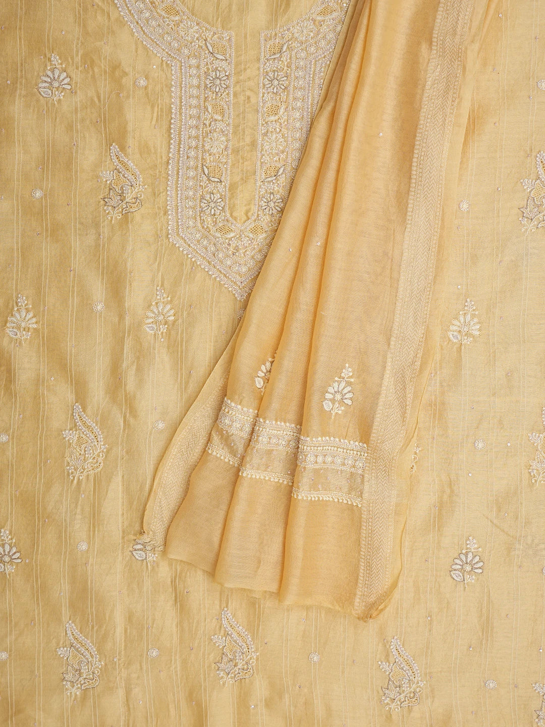 Ada Hand Embroidered Yellow Chanderi Lucknowi Chikankari Unstitched Kurta Dupatta Set with Cutdana Work 01A719159