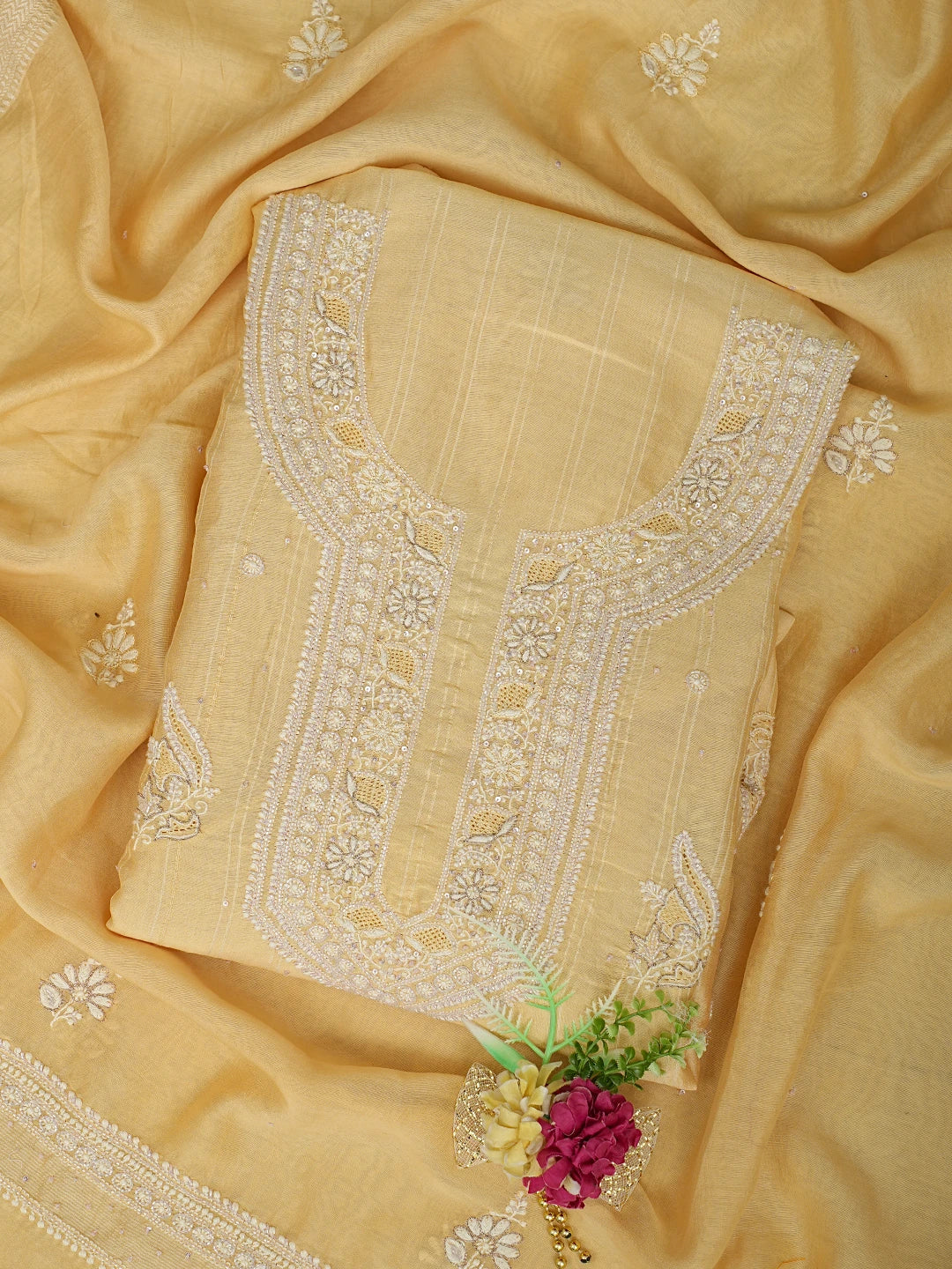 Ada Hand Embroidered Yellow Chanderi Lucknowi Chikankari Unstitched Kurta Dupatta Set with Cutdana Work 01A719159