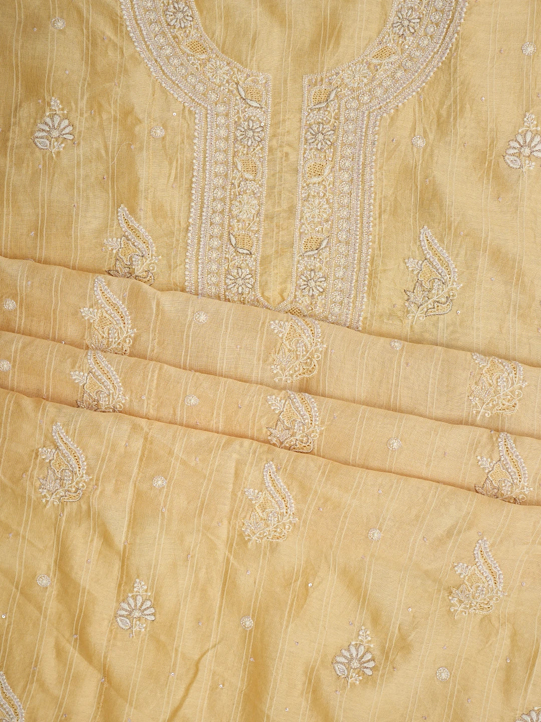 Ada Hand Embroidered Yellow Chanderi Lucknowi Chikankari Unstitched Kurta Dupatta Set with Cutdana Work 01A719159