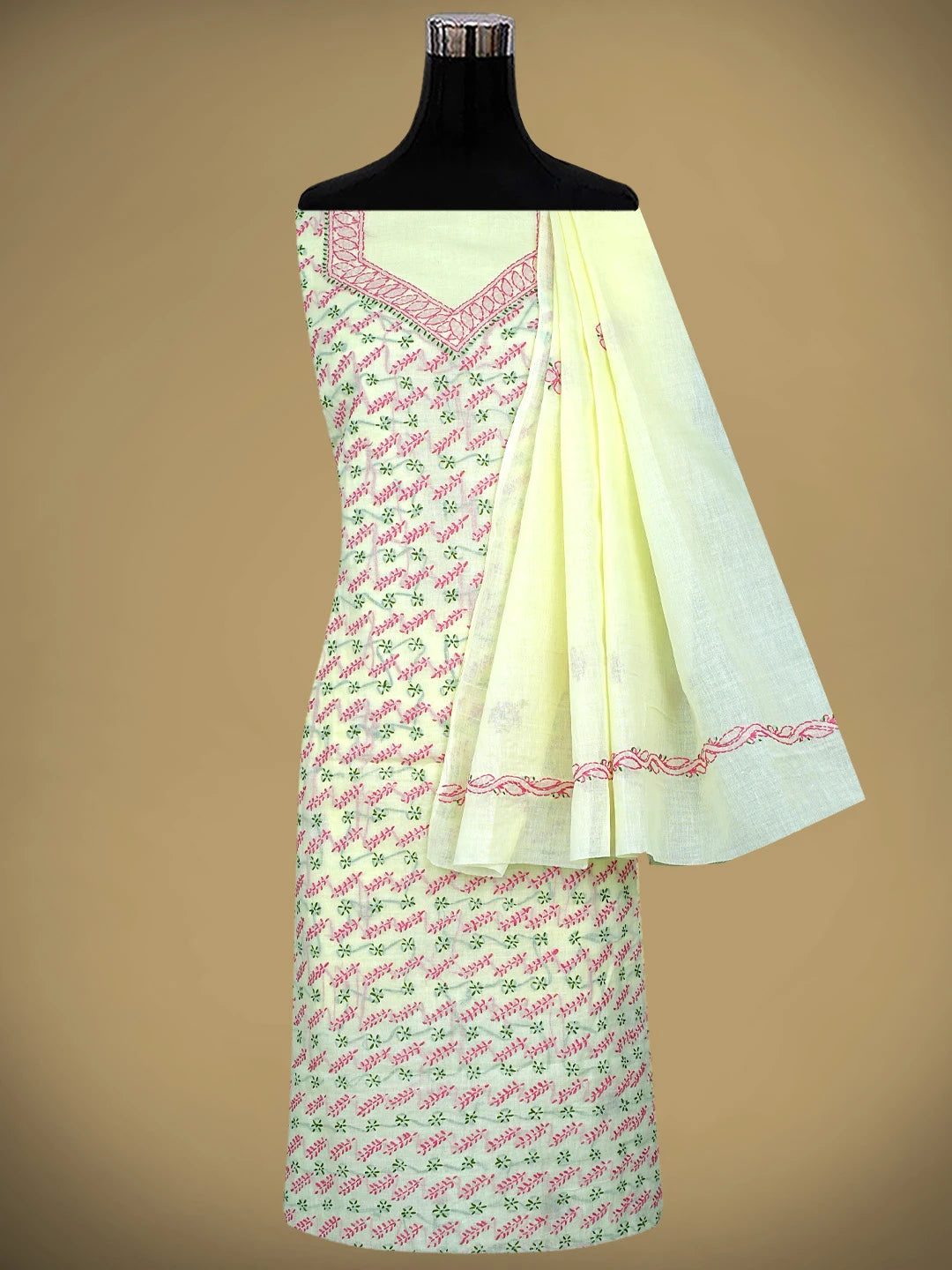 Ada Hand Embroidered Lemon Cotton Lucknowi Chikankari Unstitched Suit Piece 01A893898