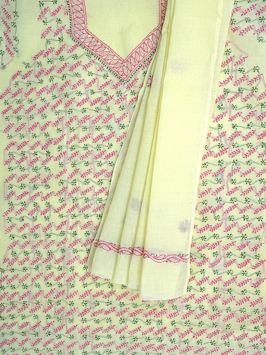Ada Hand Embroidered Lemon Cotton Lucknowi Chikankari Unstitched Suit Piece 01A893898