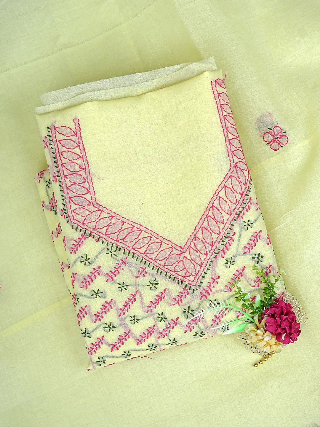 Ada Hand Embroidered Lemon Cotton Lucknowi Chikankari Unstitched Suit Piece 01A893898