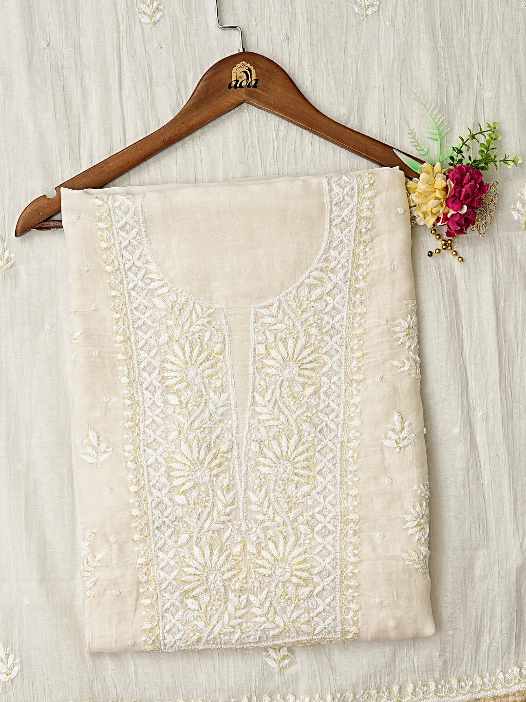 Ada Hand Embroidered Beige Chanderi Lucknowi Chikankari Unstitched Kurta Dupatta Set With Cutdana Work 01A881381