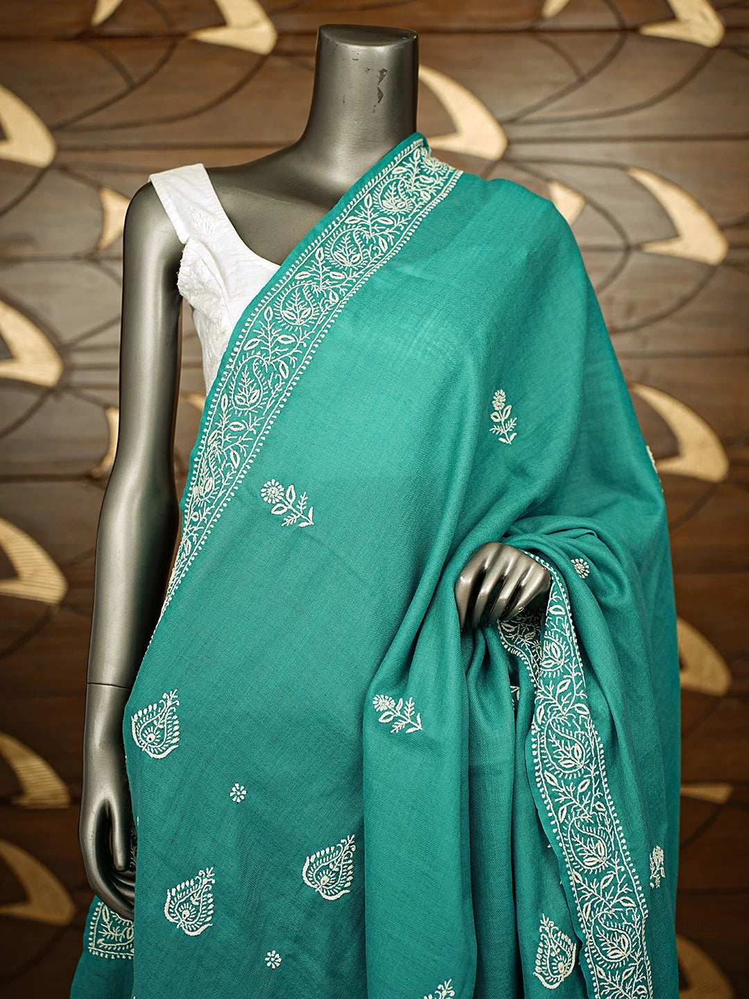 Ada Hand Embroidered Rama Green Pashmina Lucknowi Chikankari Shawl 01A715876