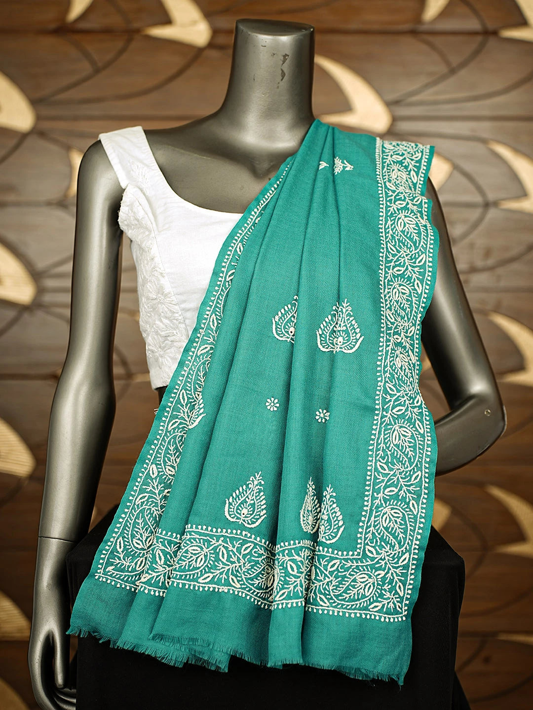 Ada Hand Embroidered Rama Green Pashmina Lucknowi Chikankari Shawl 01A715876