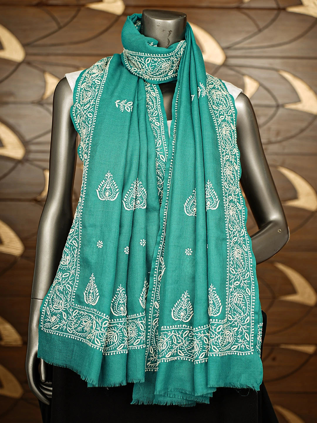 Ada Hand Embroidered Rama Green Pashmina Lucknowi Chikankari Shawl 01A715876