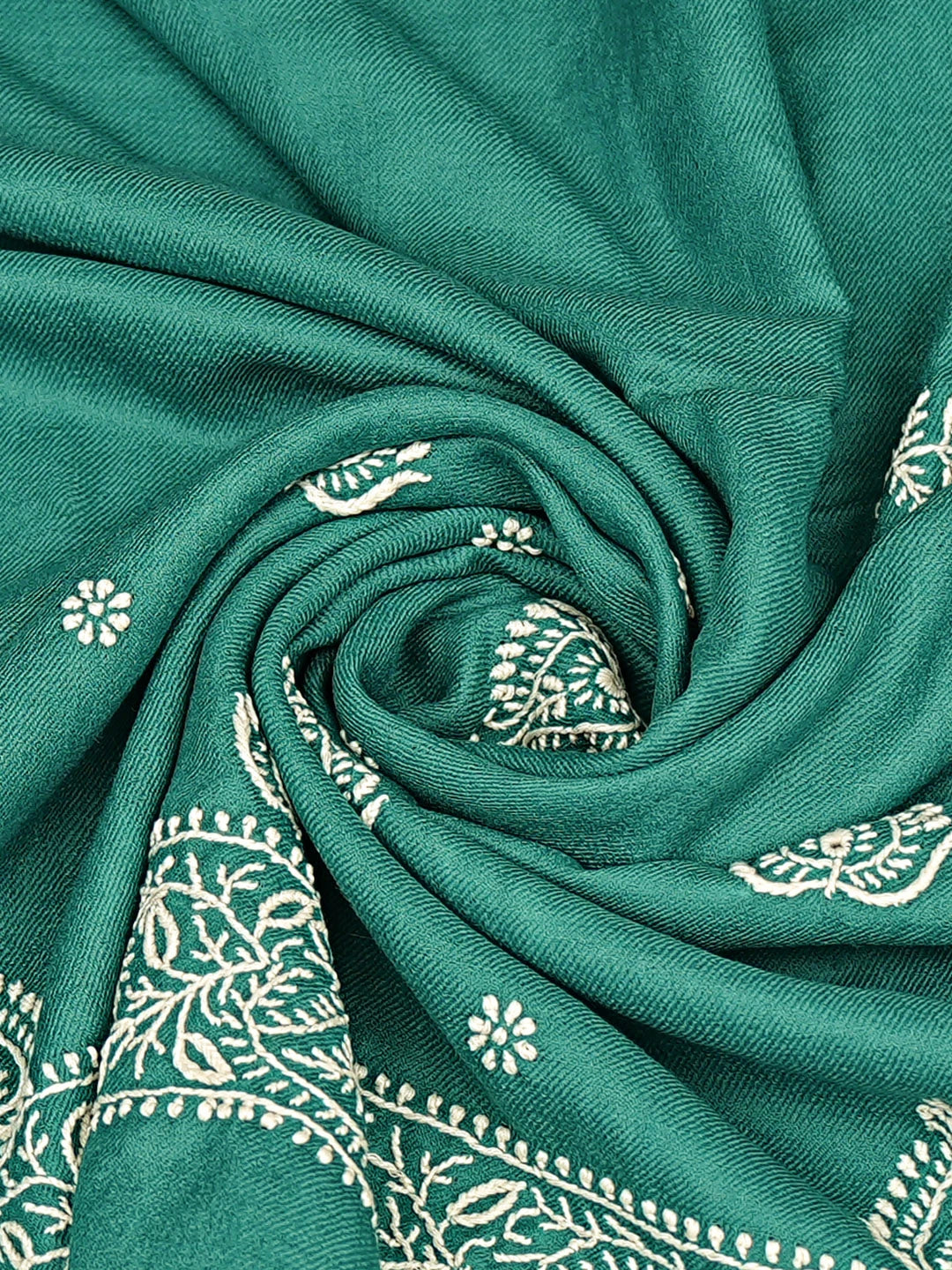Ada Hand Embroidered Rama Green Pashmina Lucknowi Chikankari Shawl 01A715876