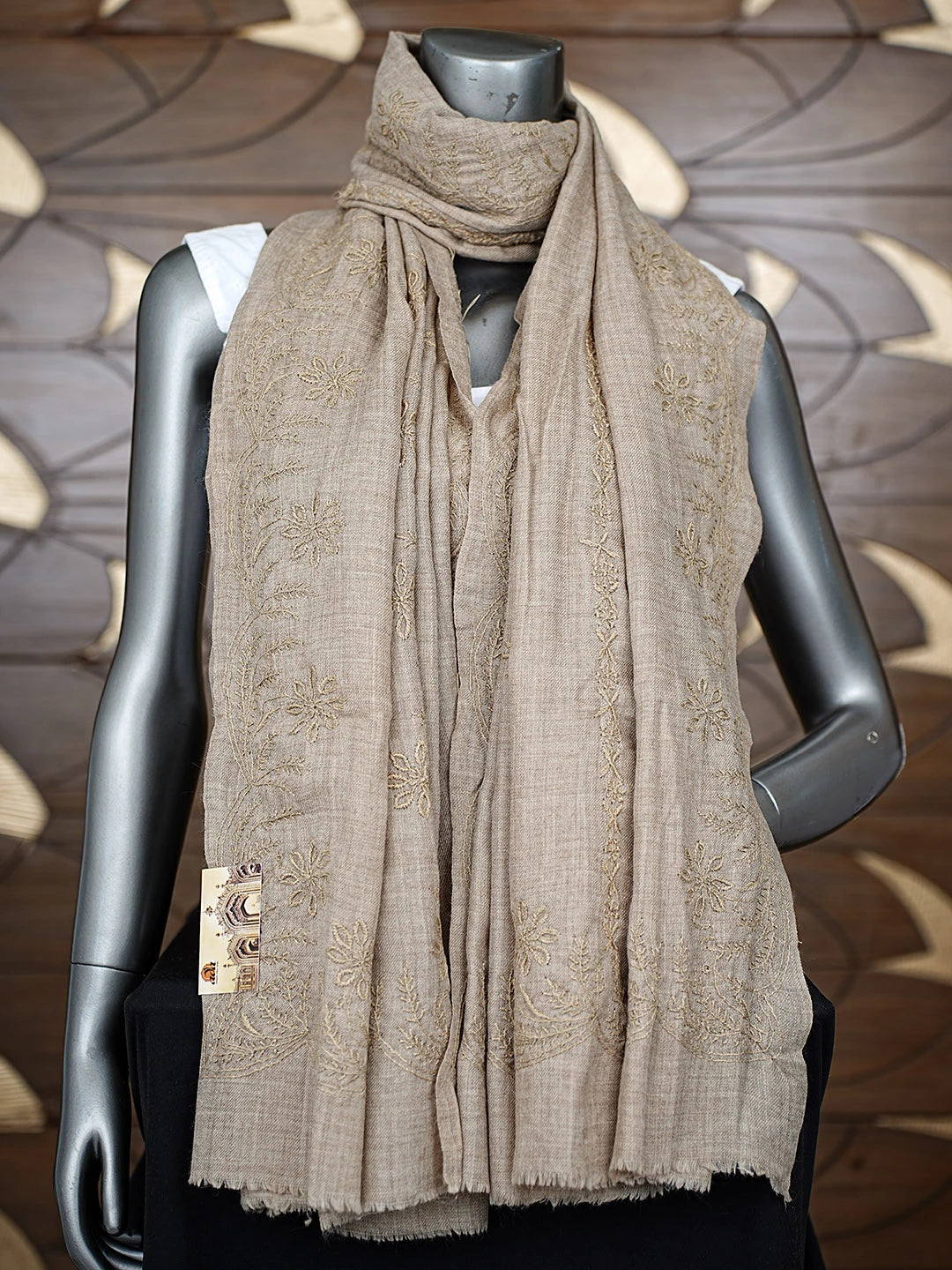 Ada Hand Embroidered Fawn Pashmina Lucknowi Chikankari Teen Taar Shawl 01A897278