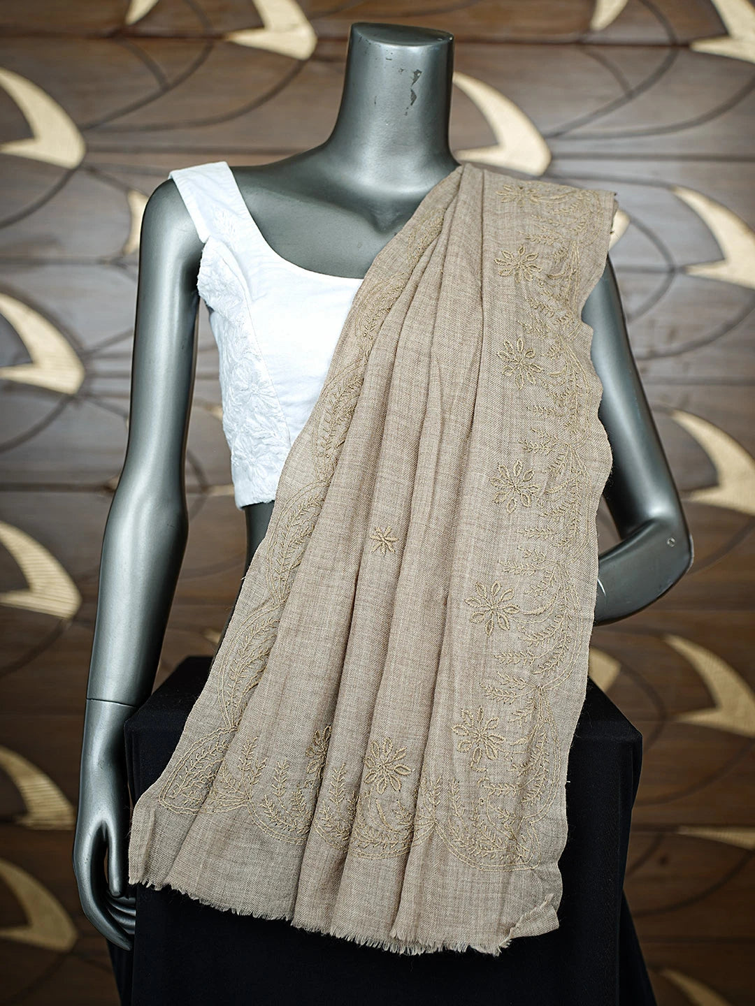 Ada Hand Embroidered Fawn Pashmina Lucknowi Chikankari Teen Taar Shawl 01A897278