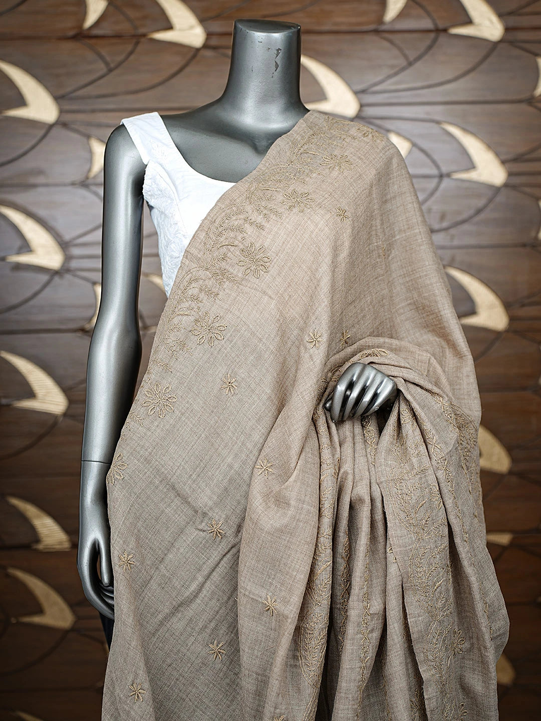 Ada Hand Embroidered Fawn Pashmina Lucknowi Chikankari Teen Taar Shawl 01A897278
