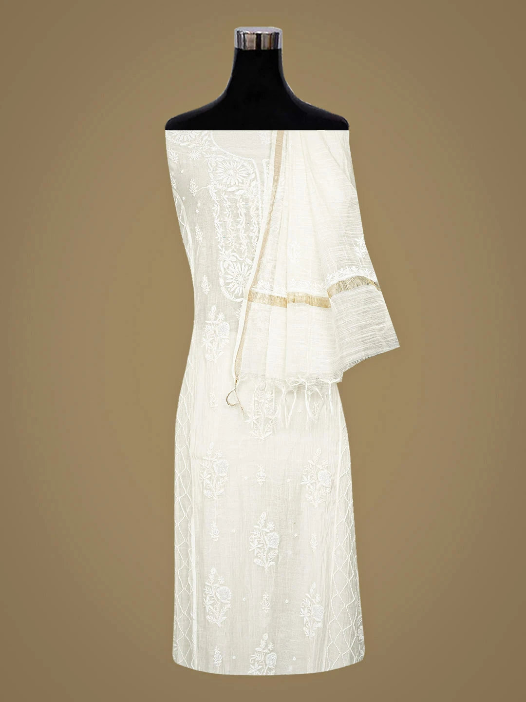 Ada Hand Embroidered White Chanderi Lucknowi Chikankari Unstitched Kurta Dupatta Set with Pearl & Cutdana Work 01A886010