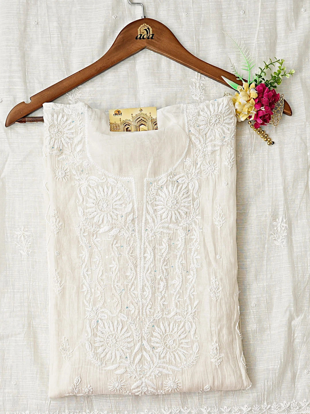 Ada Hand Embroidered White Chanderi Lucknowi Chikankari Unstitched Kurta Dupatta Set with Pearl & Cutdana Work 01A886010