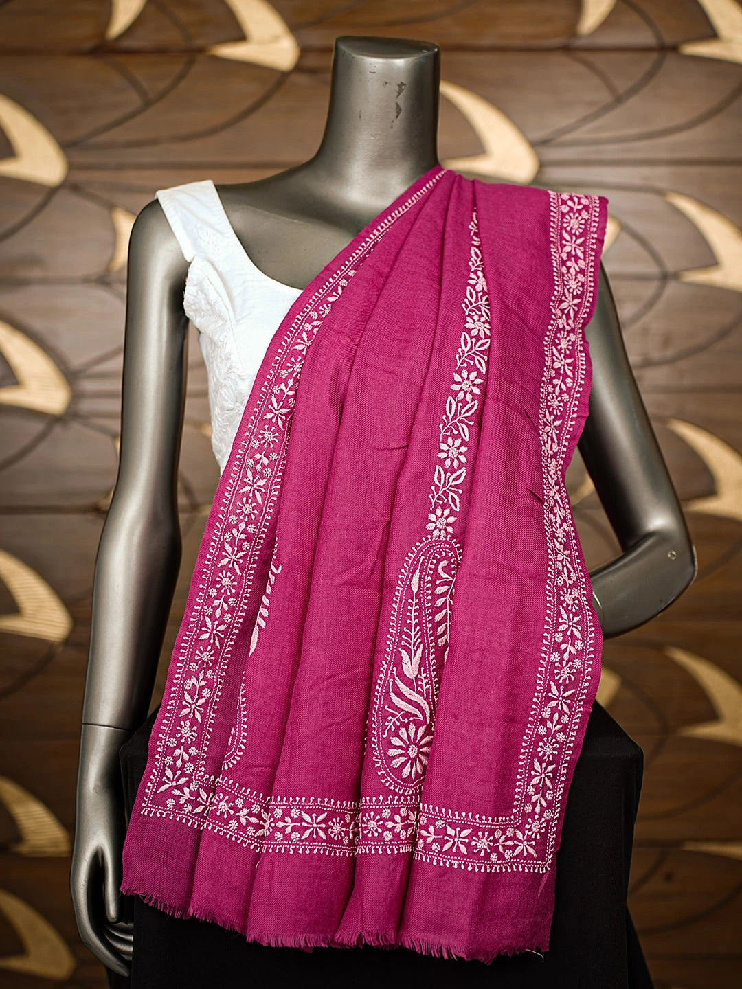 Ada Hand Embroidered Onion Pink Pashmina Lucknowi Chikankari Shawl 01A897293