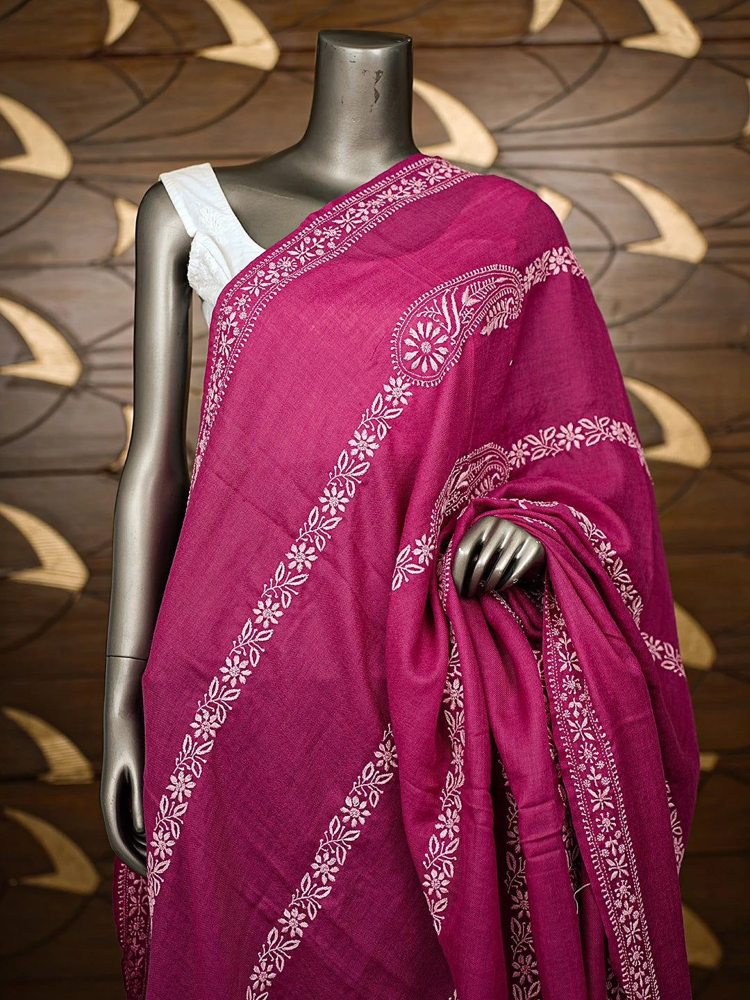 Ada Hand Embroidered Onion Pink Pashmina Lucknowi Chikankari Shawl 01A897293