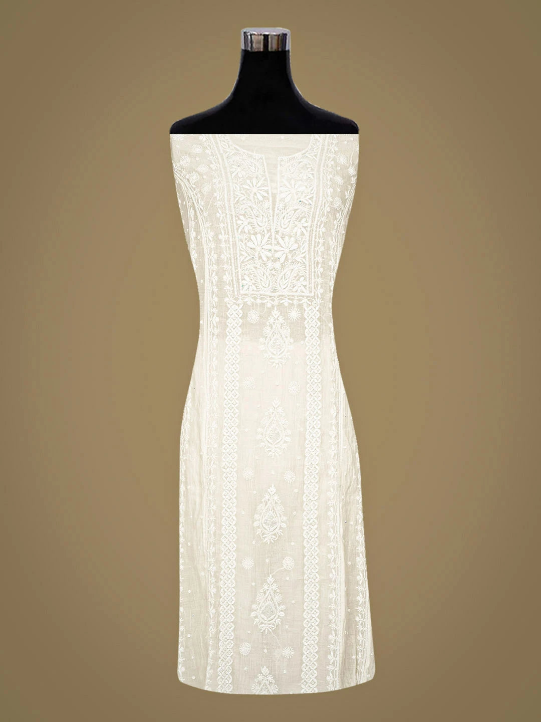 Ada Hand Embroidered White Chanderi Lucknowi Chikankari Unstitched Kurta Dupatta Set with Pearl & Cutdana Work 01A886011