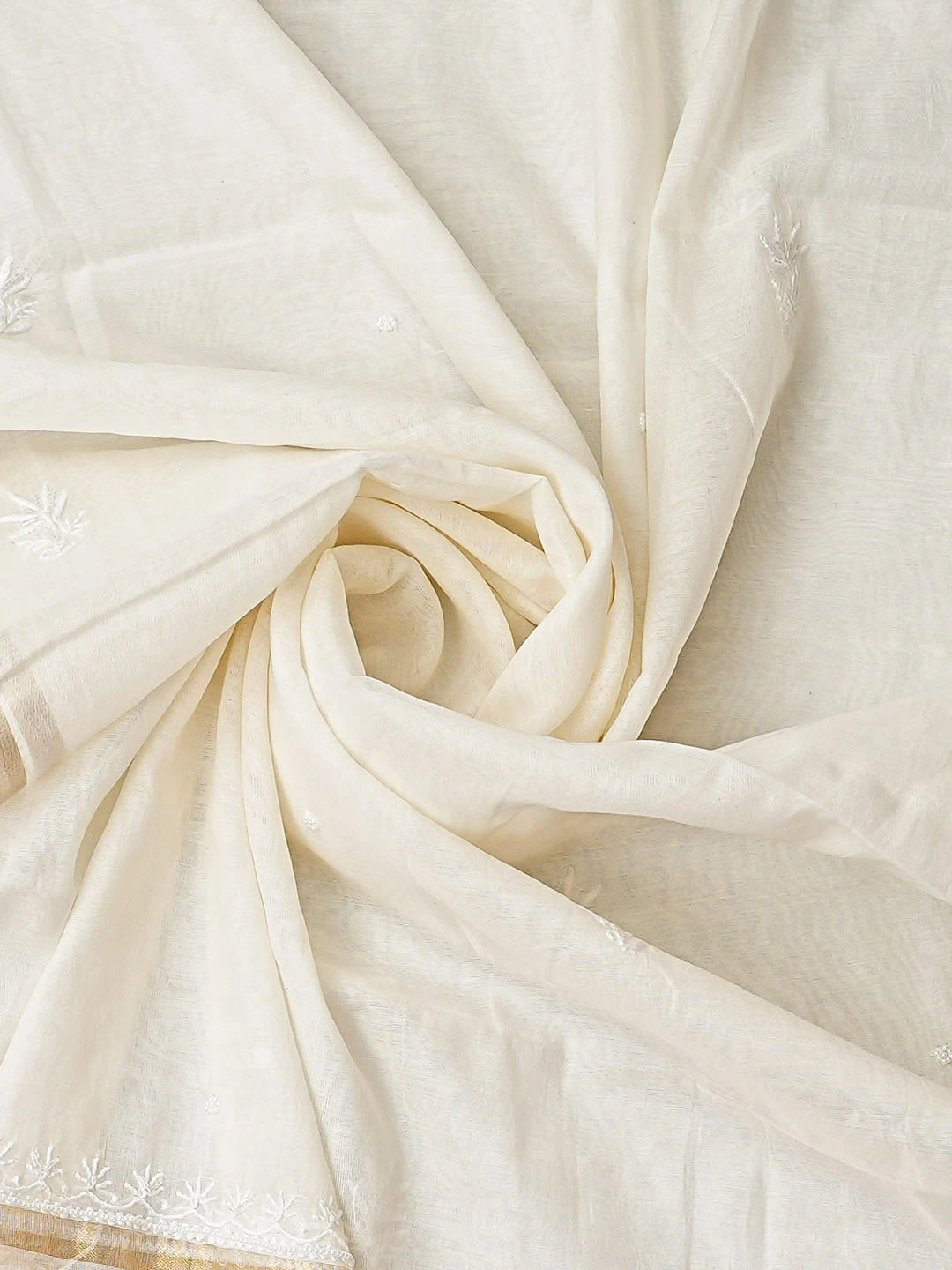 Ada Hand Embroidered White Chanderi Lucknowi Chikankari Unstitched Kurta Dupatta Set with Pearl & Cutdana Work 01A886011