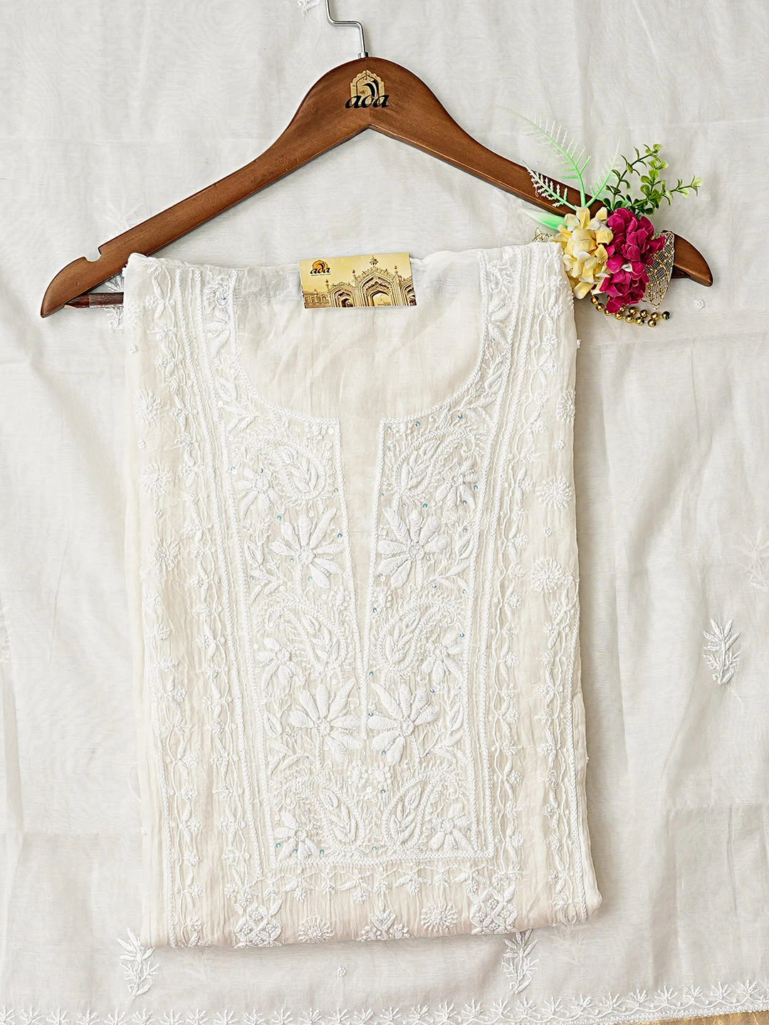 Ada Hand Embroidered White Chanderi Lucknowi Chikankari Unstitched Kurta Dupatta Set with Pearl & Cutdana Work 01A886011