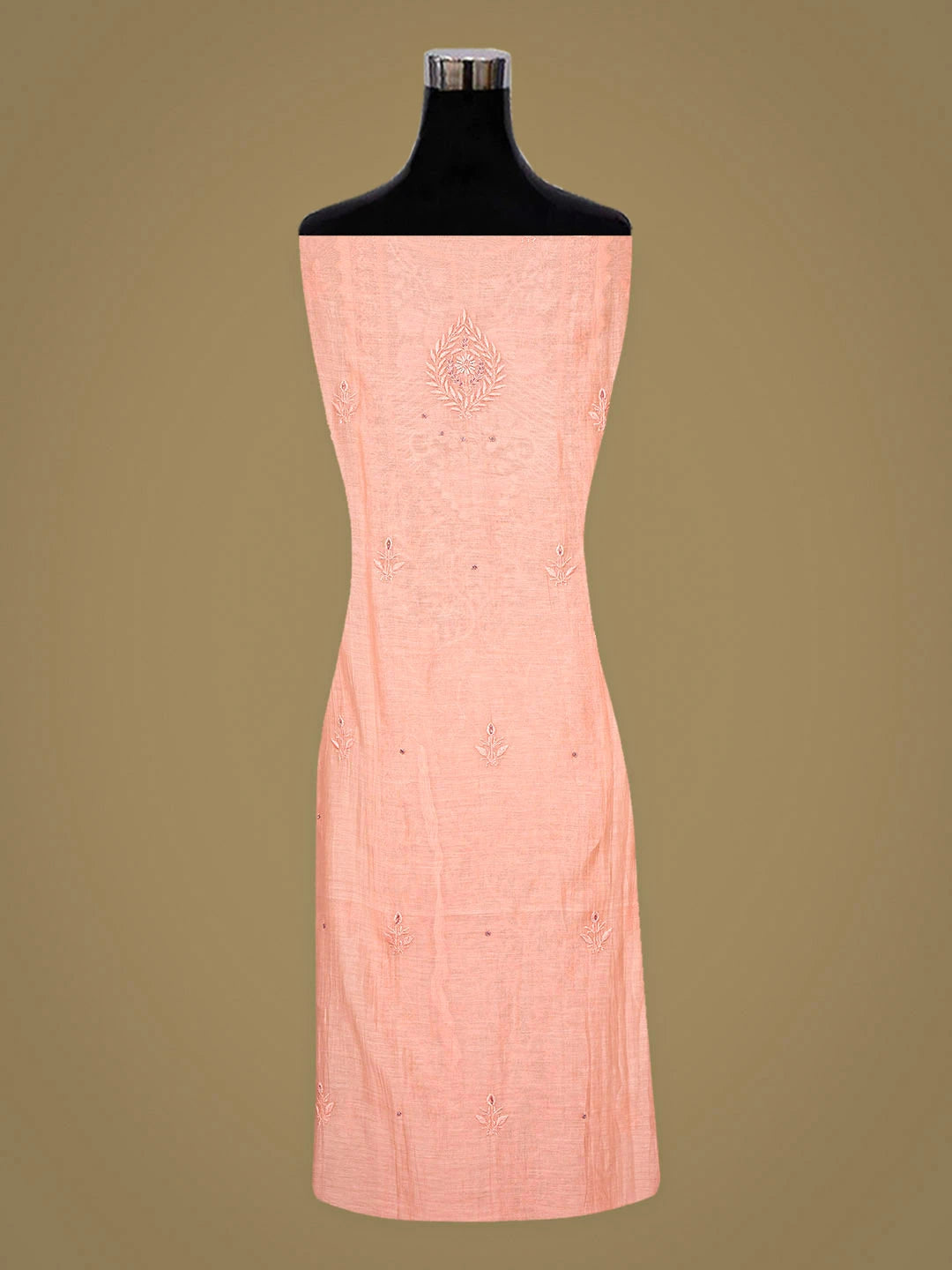 Ada Hand Embroidered Peach Chanderi Lucknowi Chikankari Unstitched Kurta Dupatta Set with Pearl & Cutdana Work 01A886003