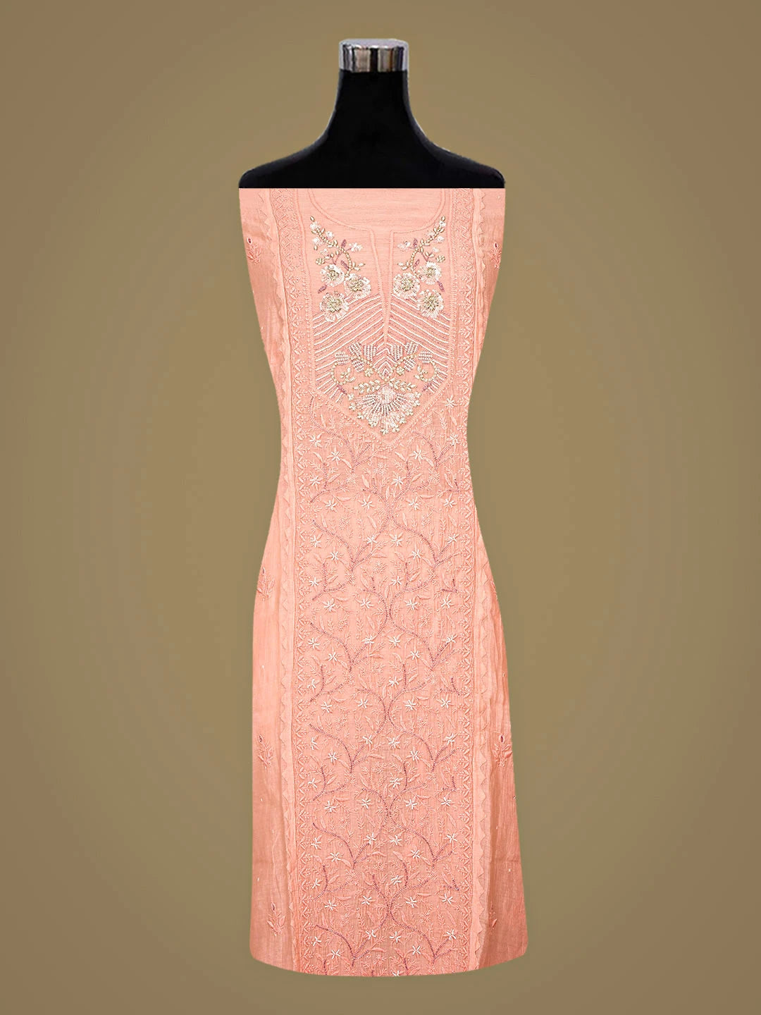 Ada Hand Embroidered Peach Chanderi Lucknowi Chikankari Unstitched Kurta Dupatta Set with Pearl & Cutdana Work 01A886003