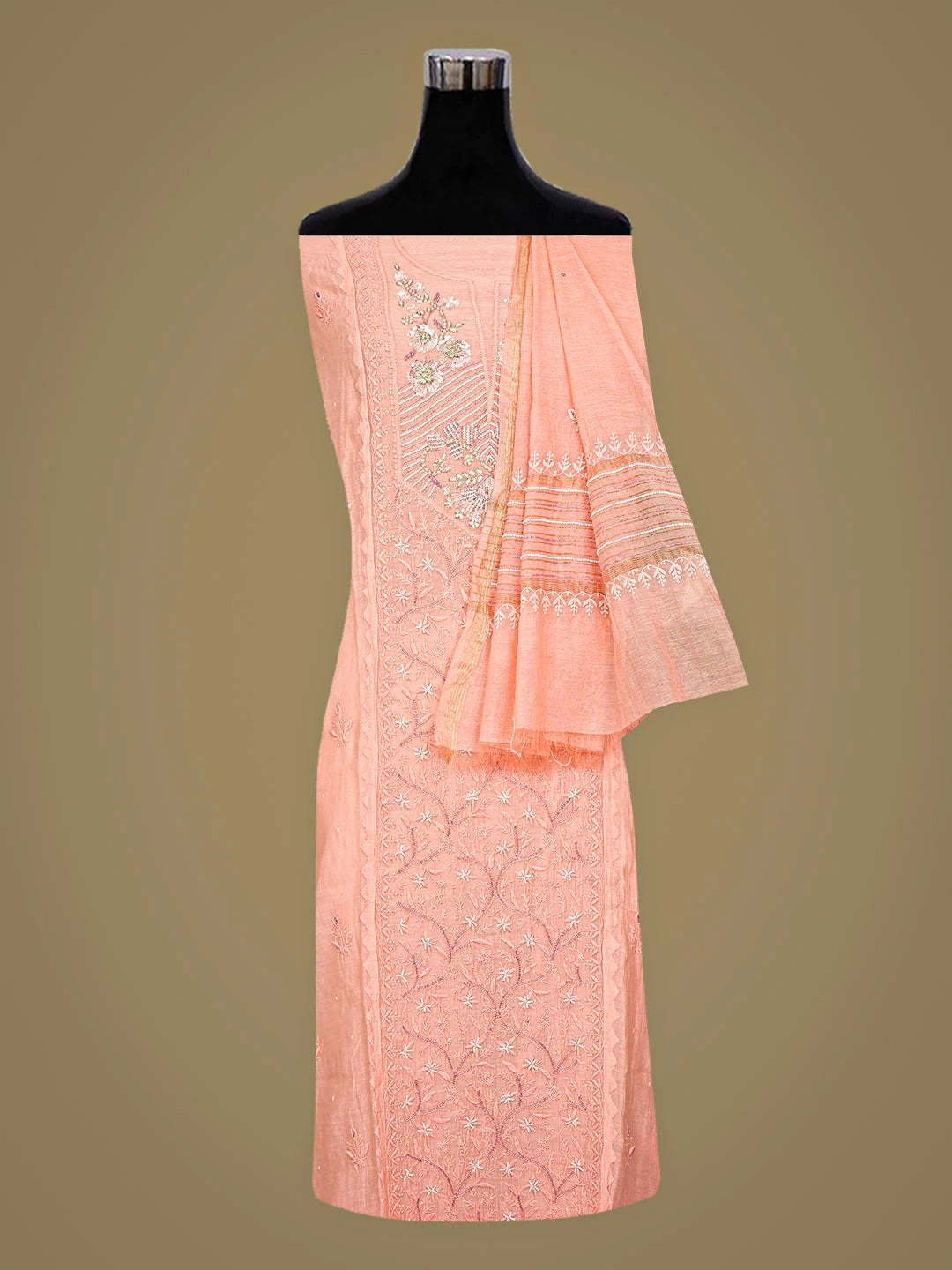 Ada Hand Embroidered Peach Chanderi Lucknowi Chikankari Unstitched Kurta Dupatta Set with Pearl & Cutdana Work 01A886003