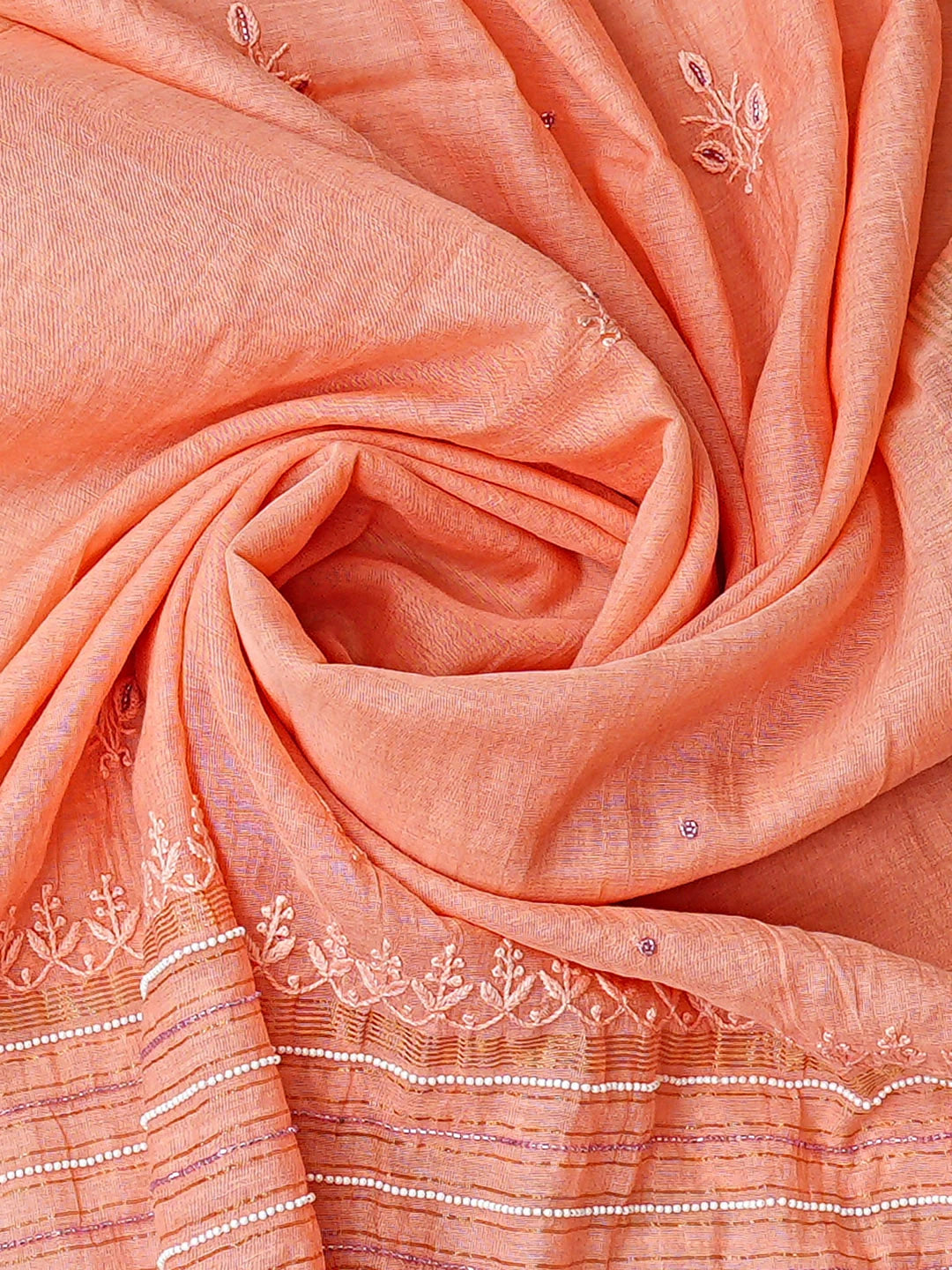 Ada Hand Embroidered Peach Chanderi Lucknowi Chikankari Unstitched Kurta Dupatta Set with Pearl & Cutdana Work 01A886003