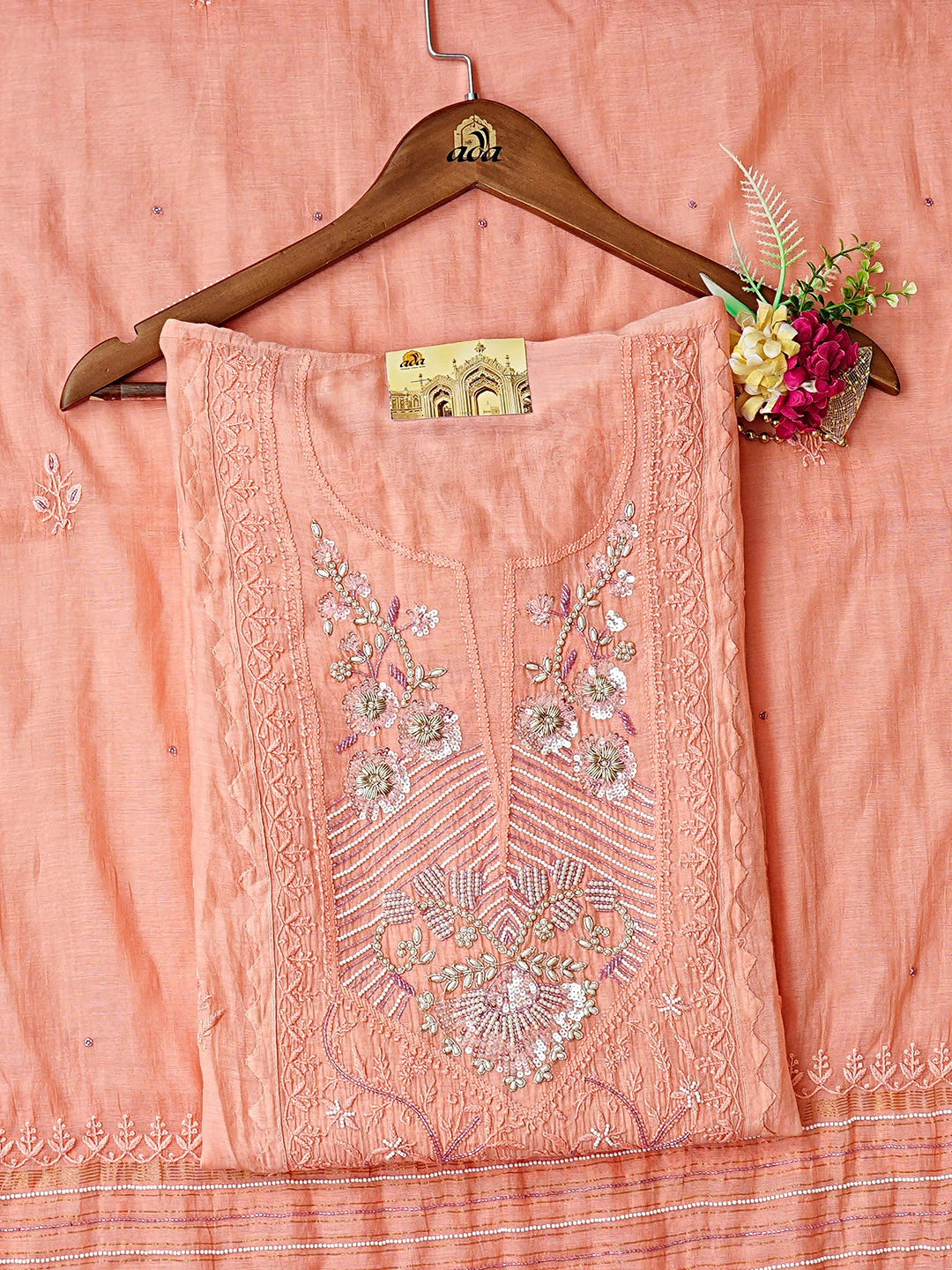 Ada Hand Embroidered Peach Chanderi Lucknowi Chikankari Unstitched Kurta Dupatta Set with Pearl & Cutdana Work 01A886003