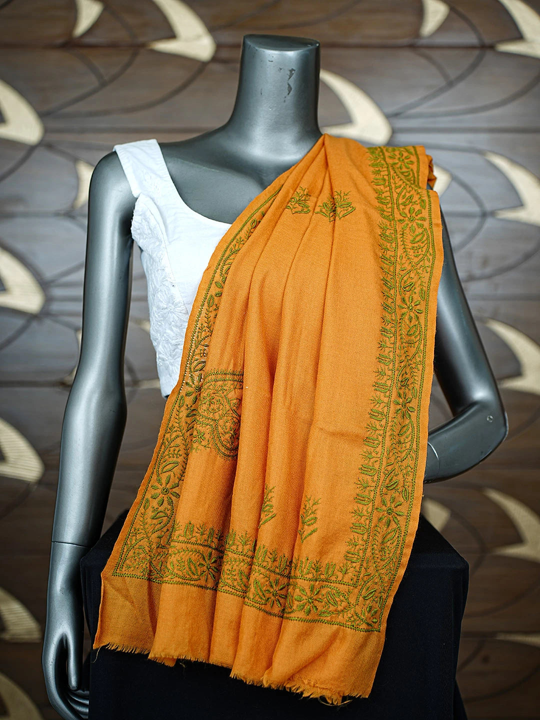 Ada Hand Embroidered Mustard Pashmina Lucknowi Chikankari Teen Taar Shawl 01A897269