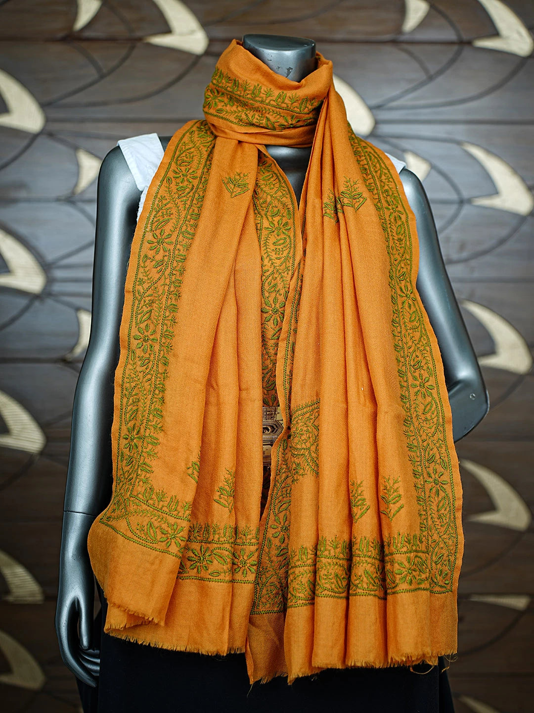 Ada Hand Embroidered Mustard Pashmina Lucknowi Chikankari Teen Taar Shawl 01A897269