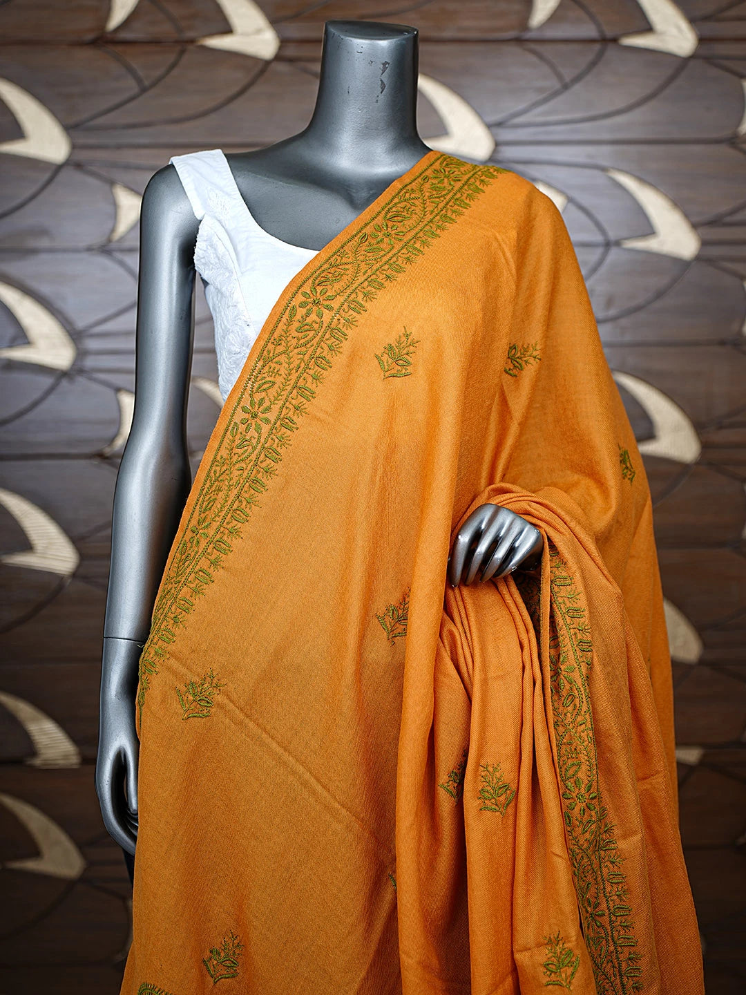 Ada Hand Embroidered Mustard Pashmina Lucknowi Chikankari Teen Taar Shawl 01A897269