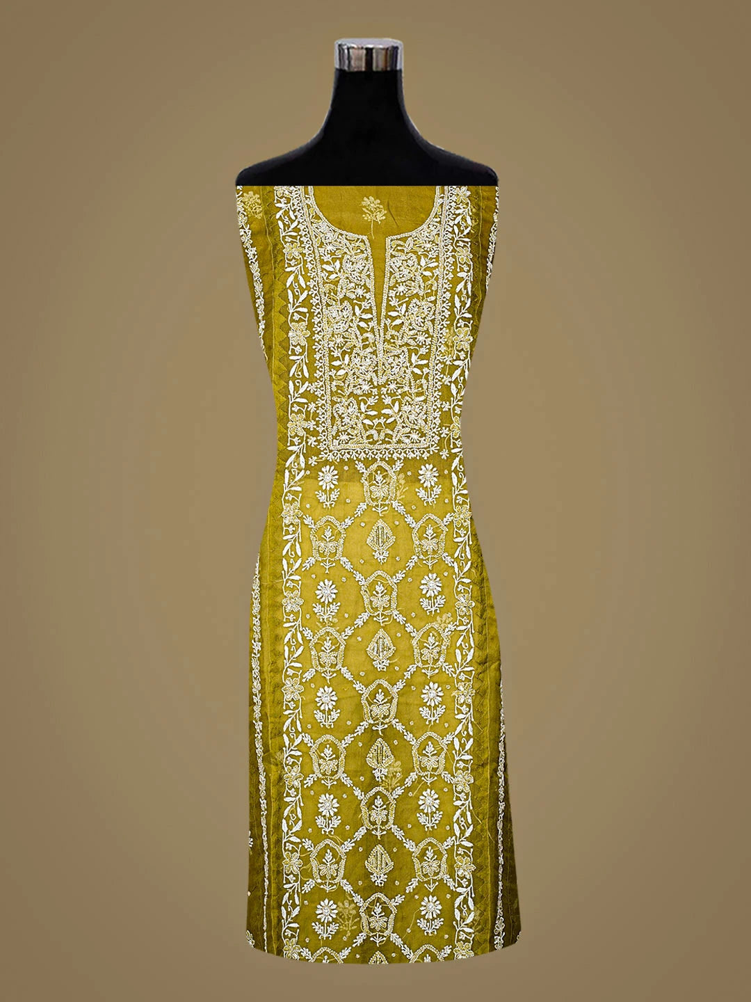 Ada Hand Embroidered Green Organza Lucknowi Chikankari Unstitched Suit Set with Pearl & Cutdana Work 01A887161
