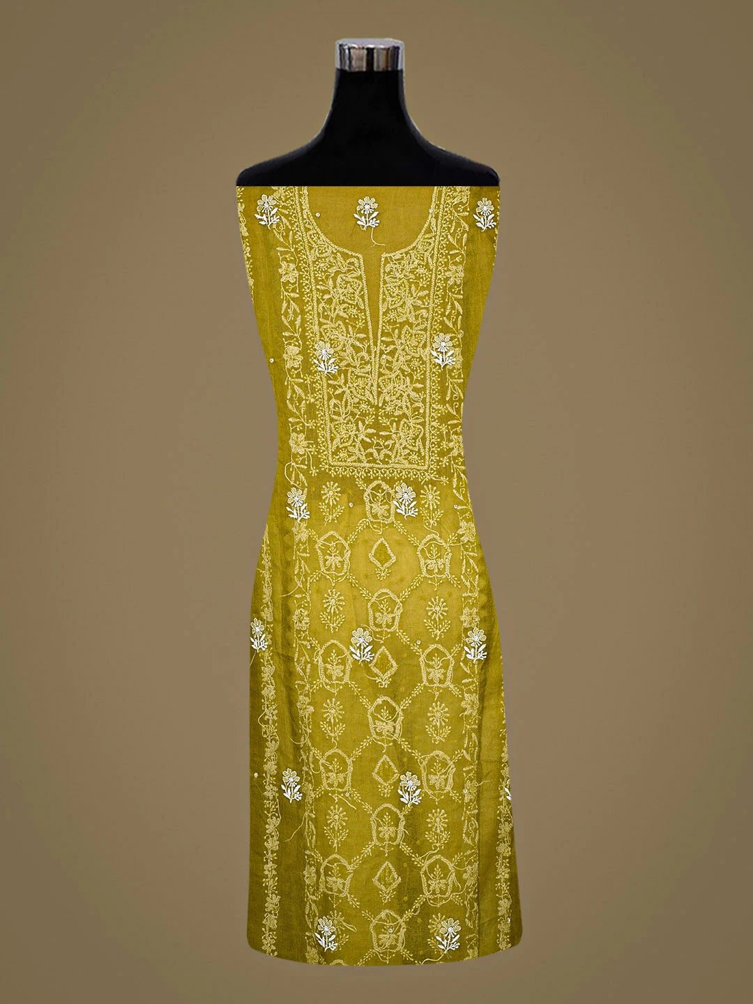 Ada Hand Embroidered Green Organza Lucknowi Chikankari Unstitched Suit Set with Pearl & Cutdana Work 01A887161