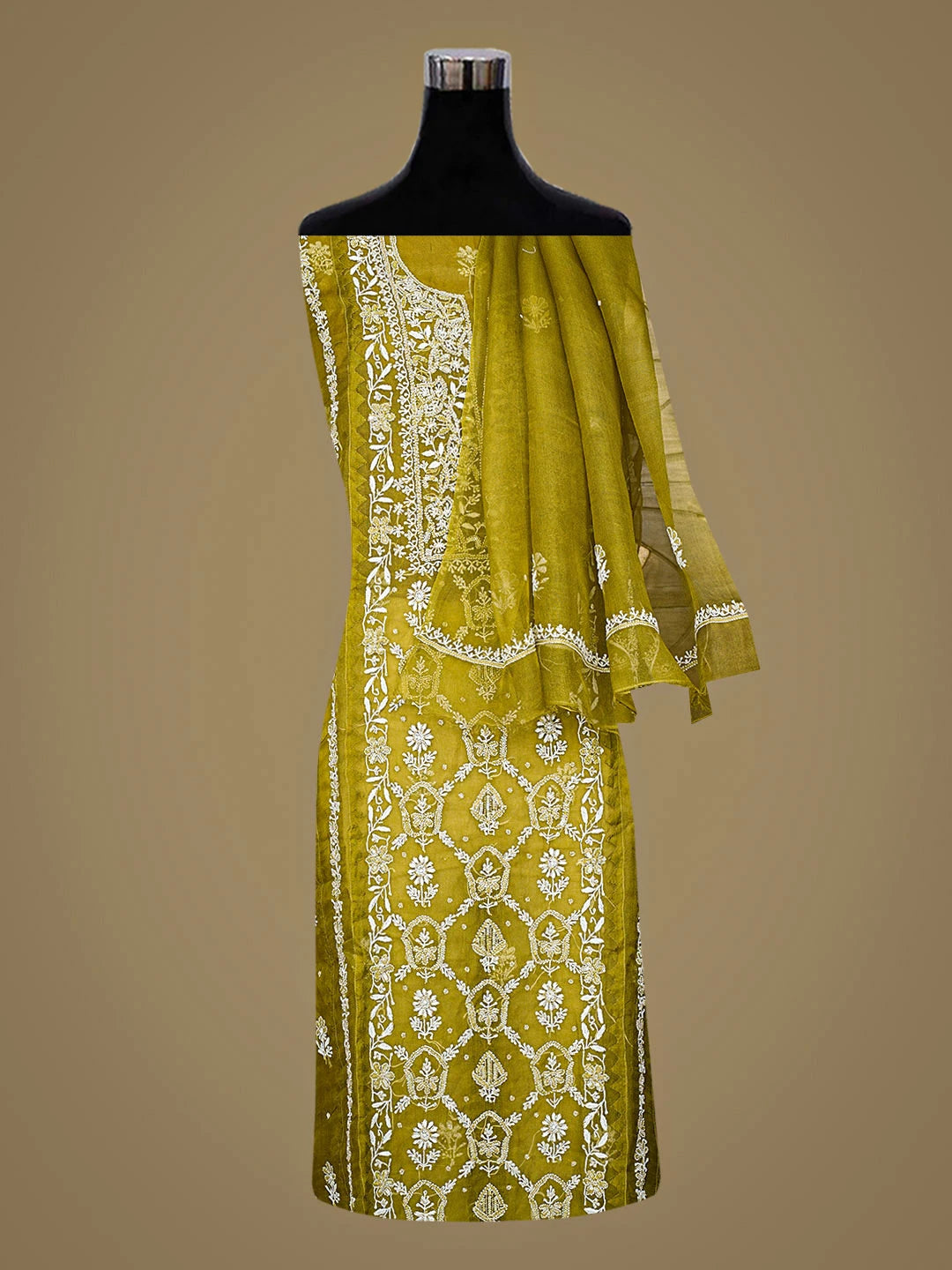 Ada Hand Embroidered Green Organza Lucknowi Chikankari Unstitched Suit Set with Pearl & Cutdana Work 01A887161