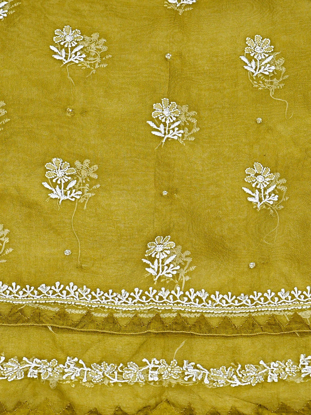 Ada Hand Embroidered Green Organza Lucknowi Chikankari Unstitched Suit Set with Pearl & Cutdana Work 01A887161