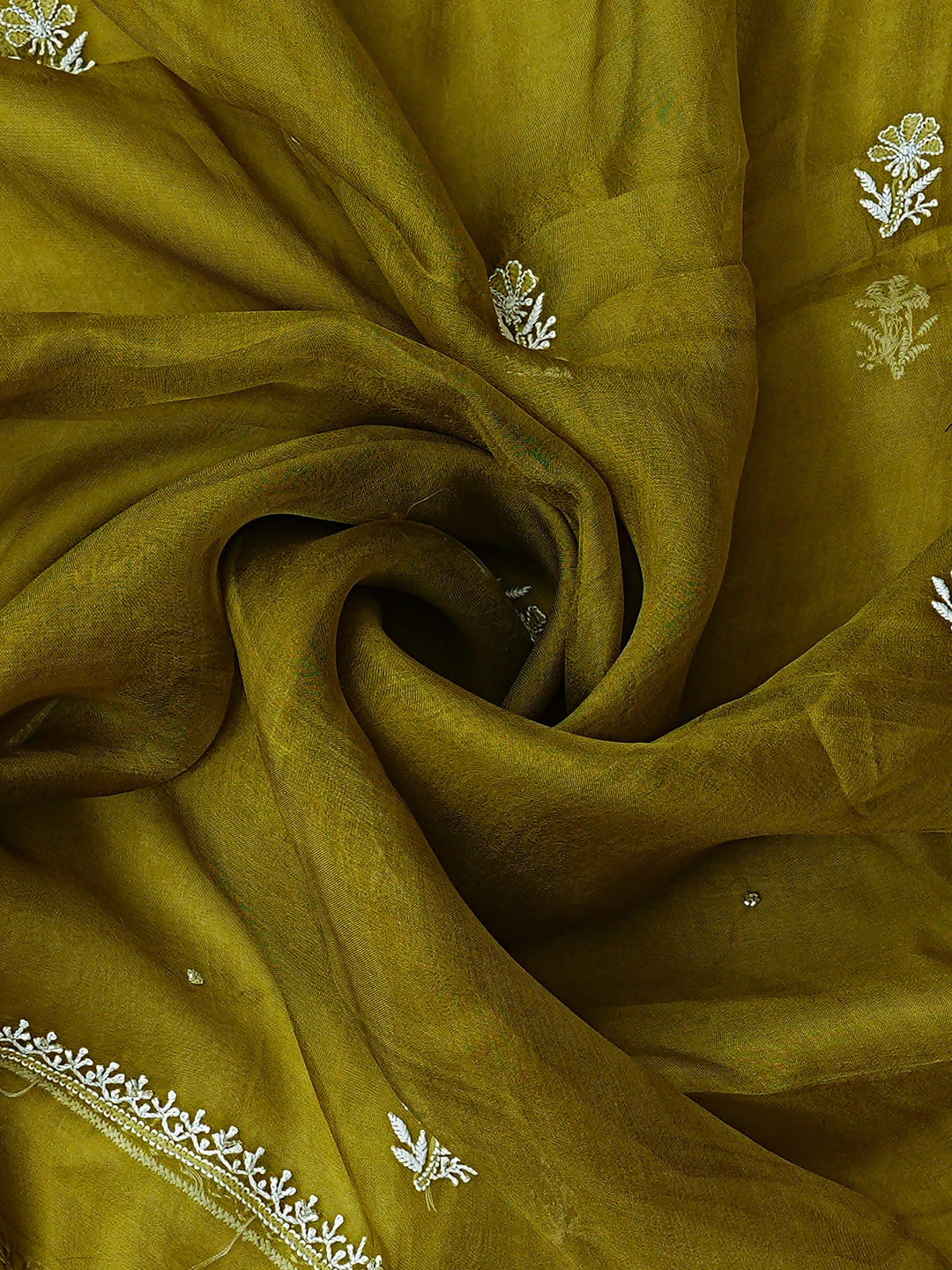Ada Hand Embroidered Green Organza Lucknowi Chikankari Unstitched Suit Set with Pearl & Cutdana Work 01A887161