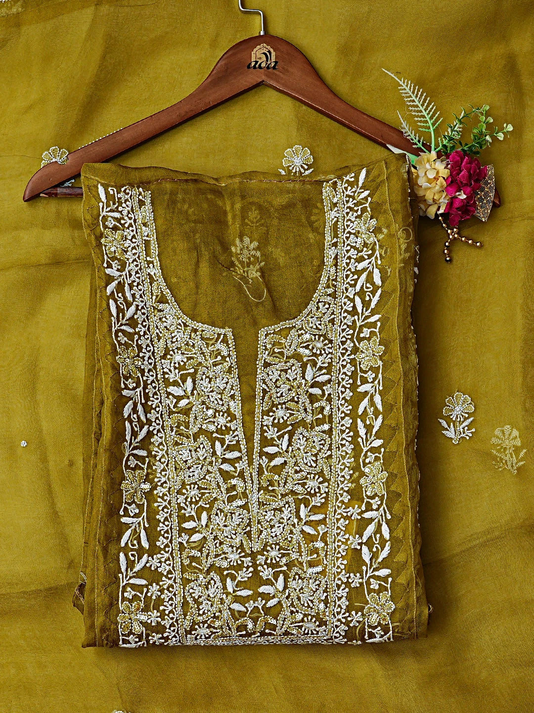 Ada Hand Embroidered Green Organza Lucknowi Chikankari Unstitched Suit Set with Pearl & Cutdana Work 01A887161