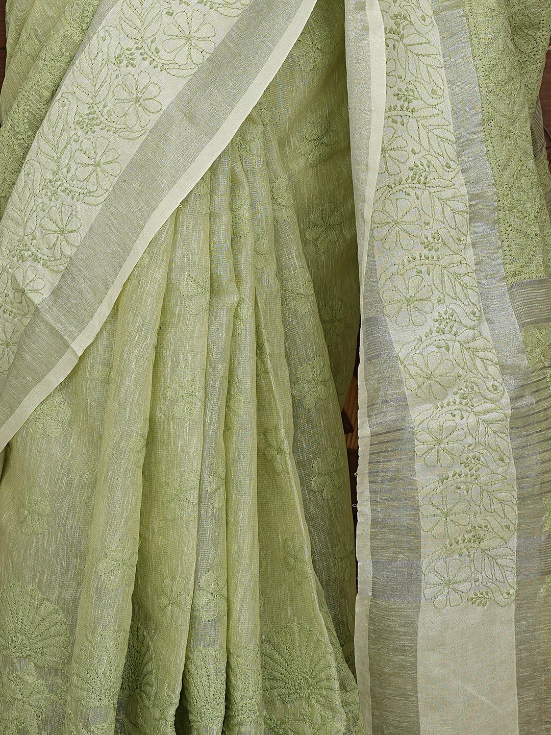 Ada Hand Embroidered Green Tissue Lucknowi Chikankari Saree With Blouse 01A879559