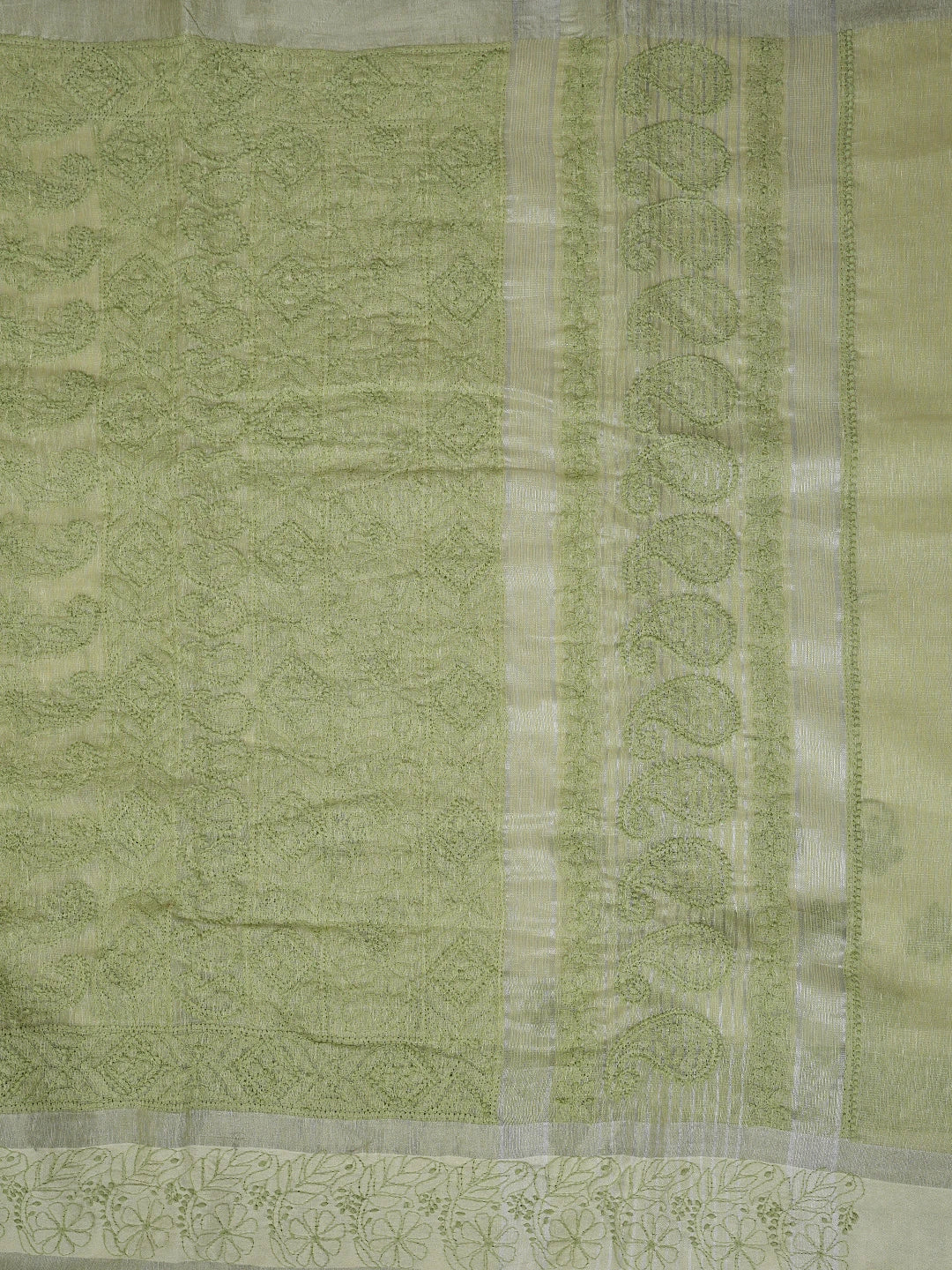 Ada Hand Embroidered Green Tissue Lucknowi Chikankari Saree With Blouse 01A879559