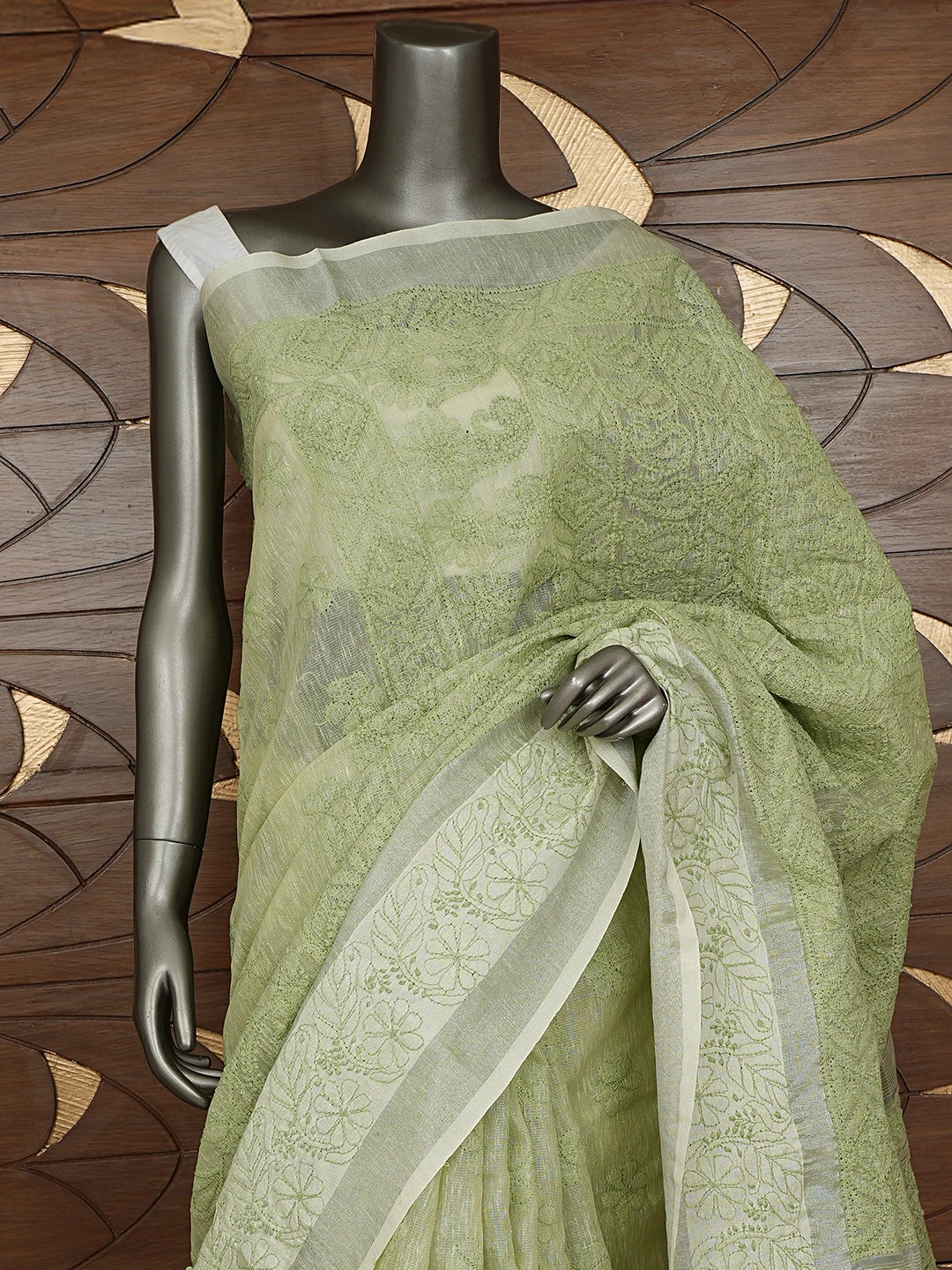 Ada Hand Embroidered Green Tissue Lucknowi Chikankari Saree With Blouse 01A879559