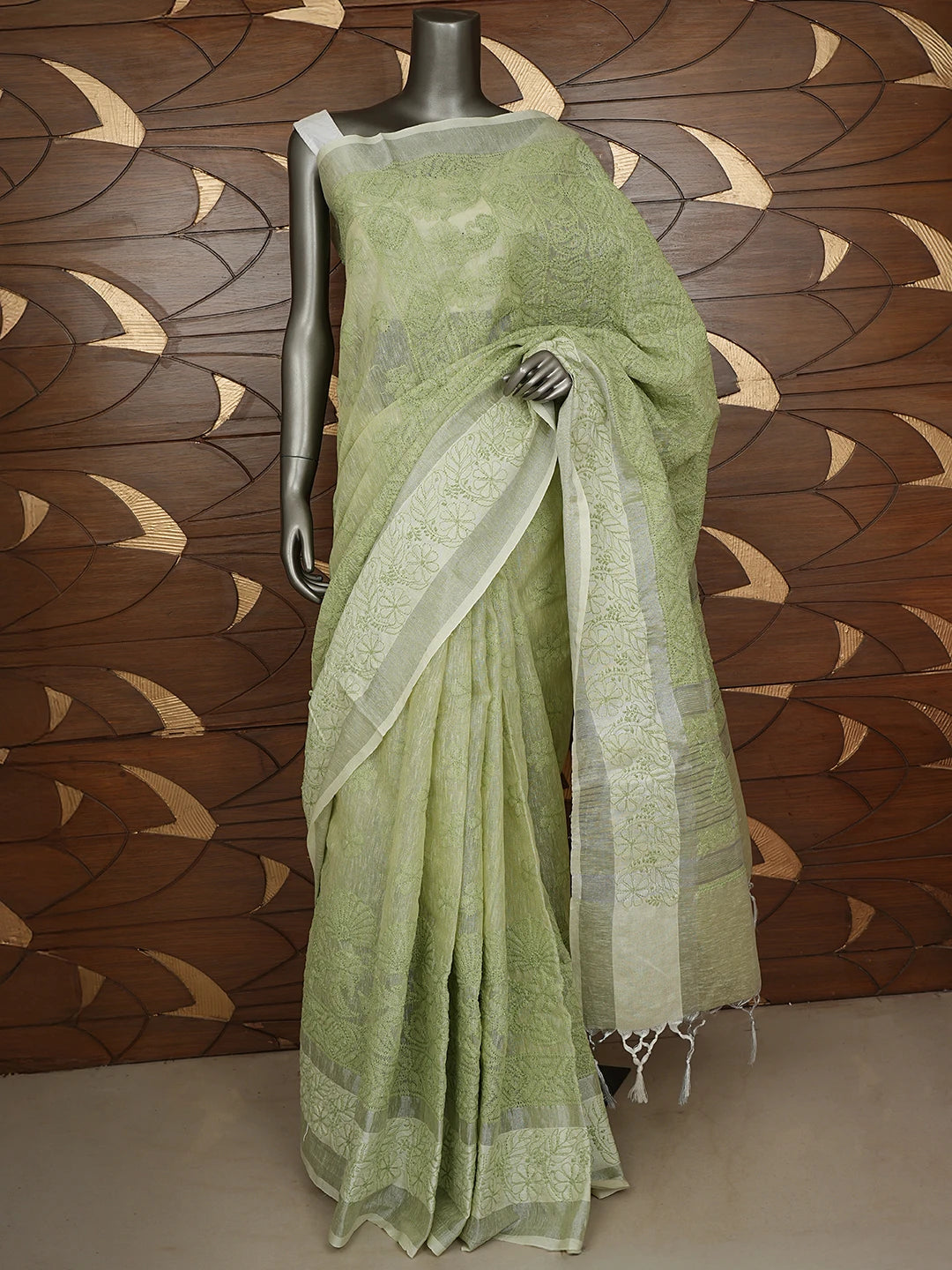 Ada Hand Embroidered Green Tissue Lucknowi Chikankari Saree With Blouse 01A879559