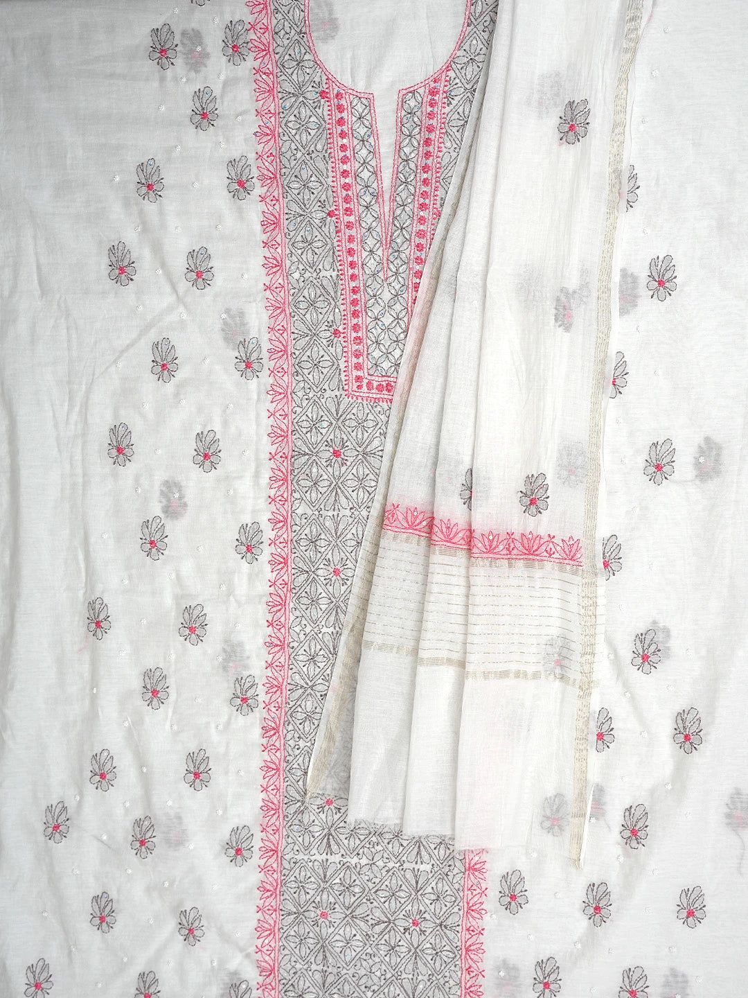 Ada Hand Embroidered White Cosmic Latte Chanderi Lucknowi Chikankari Kurta Dupatta Set with Pearl & Sequinned Work 01A897636