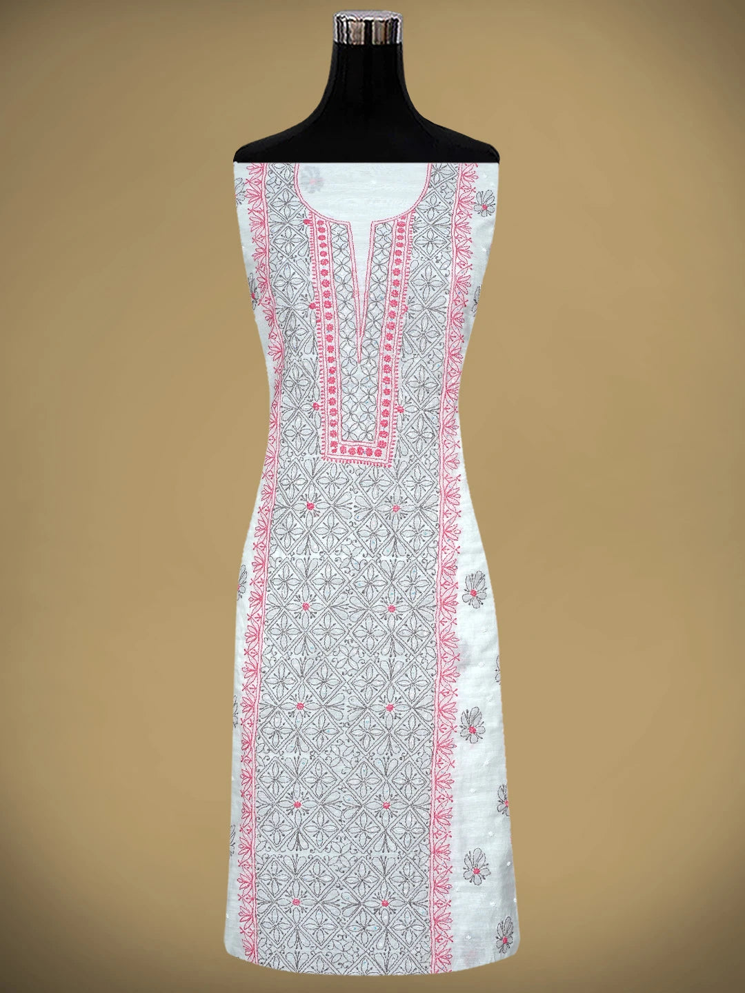 Ada Hand Embroidered White Cosmic Latte Chanderi Lucknowi Chikankari Kurta Dupatta Set with Pearl & Sequinned Work 01A897636