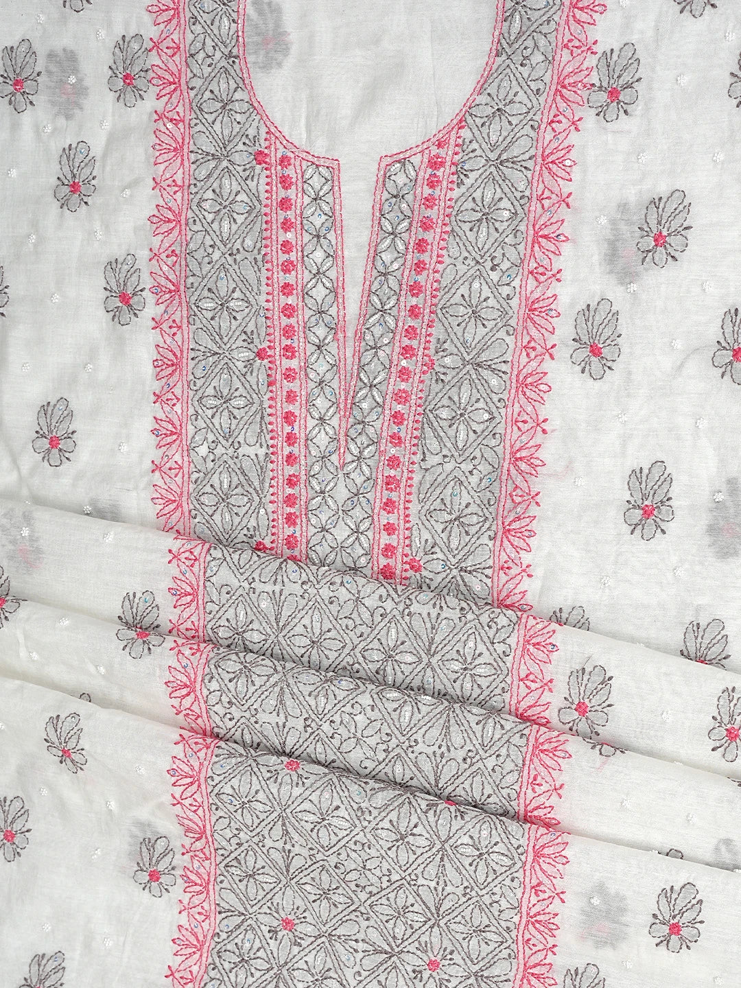 Ada Hand Embroidered White Cosmic Latte Chanderi Lucknowi Chikankari Kurta Dupatta Set with Pearl & Sequinned Work 01A897636