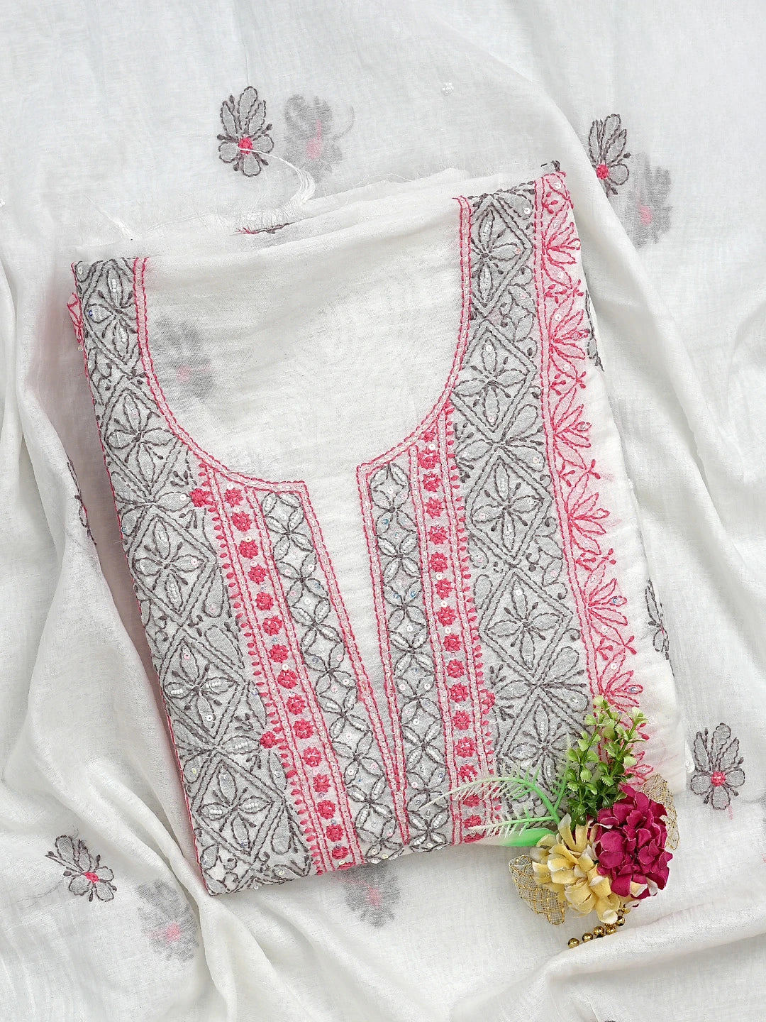 Ada Hand Embroidered White Cosmic Latte Chanderi Lucknowi Chikankari Kurta Dupatta Set with Pearl & Sequinned Work 01A897636