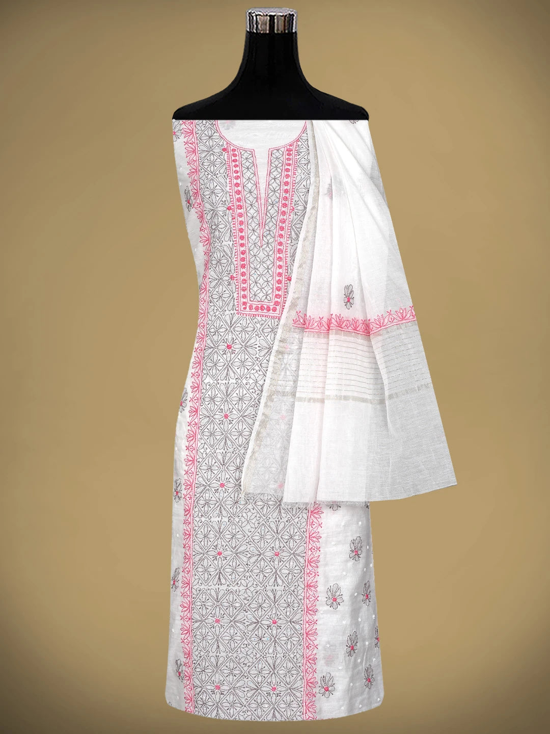 Ada Hand Embroidered White Cosmic Latte Chanderi Lucknowi Chikankari Kurta Dupatta Set with Pearl & Sequinned Work 01A897636