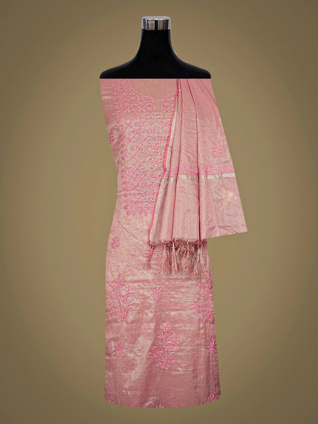 Ada Hand Embroidered Pink Tissue Lucknowi Chikankari Unstitched Kurta Dupatta Set 01A810658