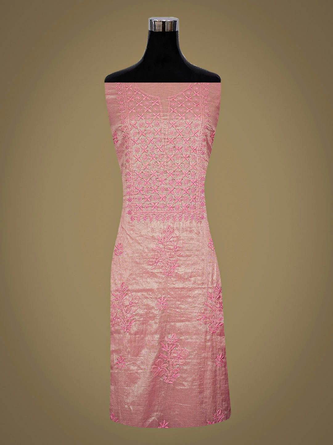 Ada Hand Embroidered Pink Tissue Lucknowi Chikankari Unstitched Kurta Dupatta Set 01A810658