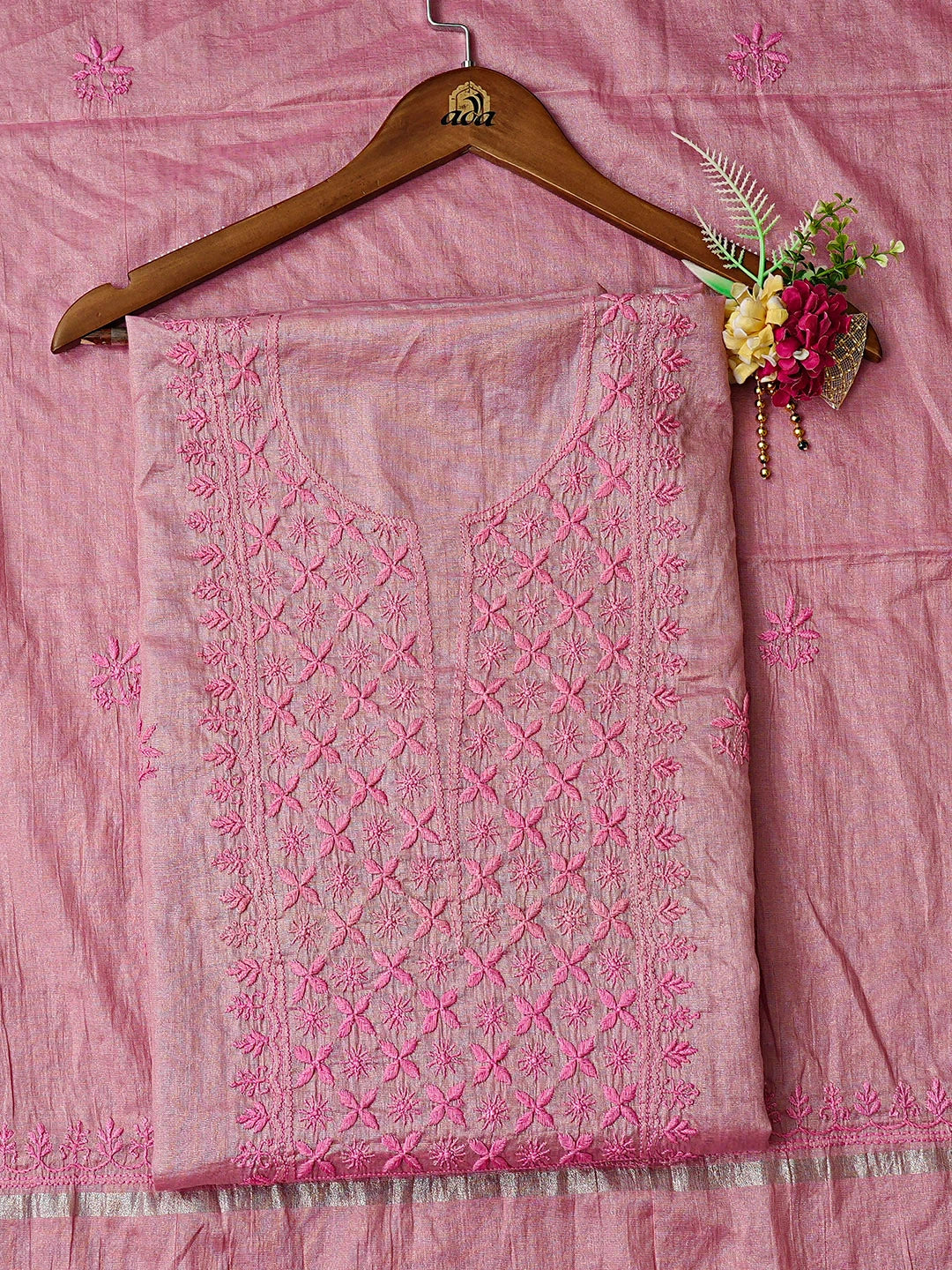 Ada Hand Embroidered Pink Tissue Lucknowi Chikankari Unstitched Kurta Dupatta Set 01A810658