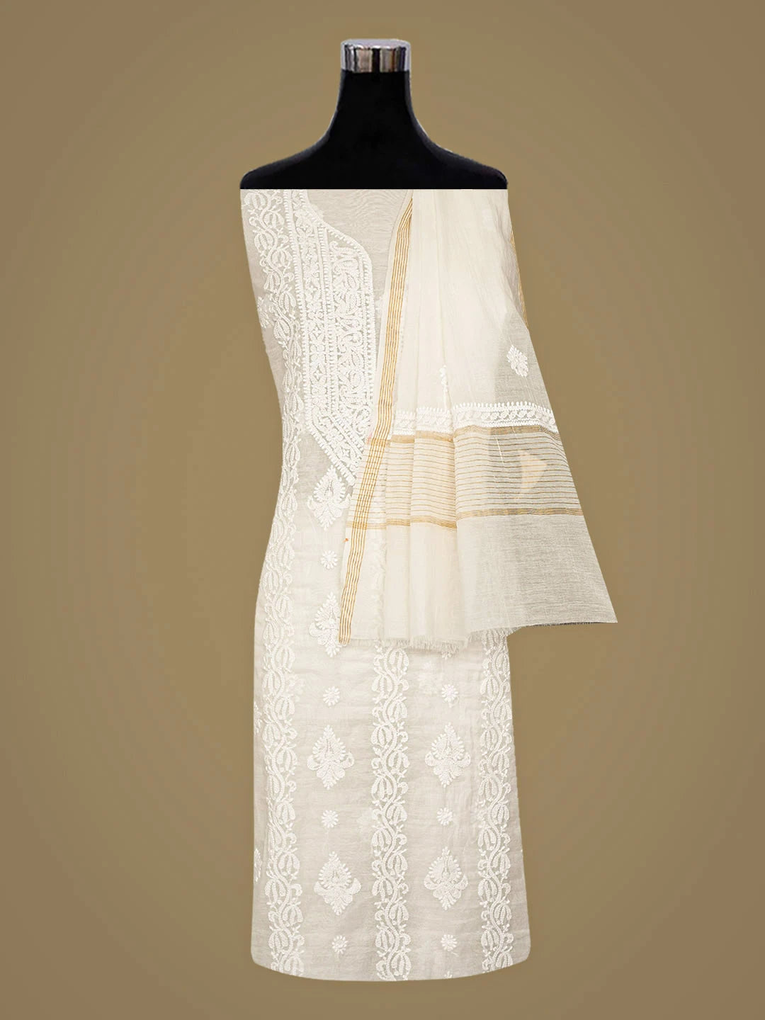 Ada Hand Embroidered White Chanderi Lucknowi Chikankari Kurta Dupatta Set 01A8890071